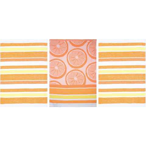 stuco Geschirrtuch Summer Fruits Orange, (Set, 3-tlg., 1x Geschirrtuch Früchte-Motiv,2 weitere Geschirrtücher Streifenoptik), Jacquardgewebe
