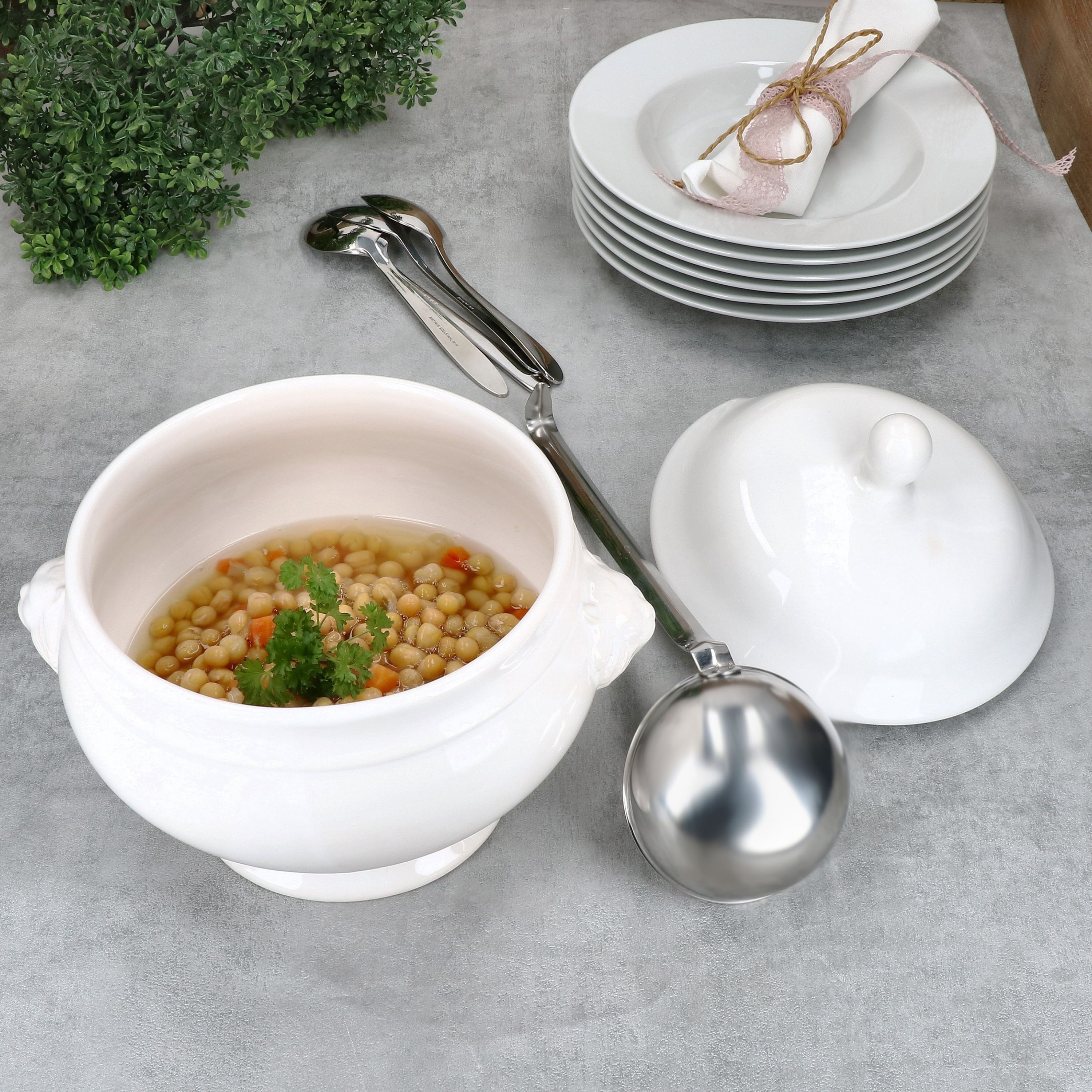 MamboCat Suppenschüssel LEO Löwenkopf-Terrine 2L mit Deckel weiß XL-Suppenschale Schüssel, Steingut