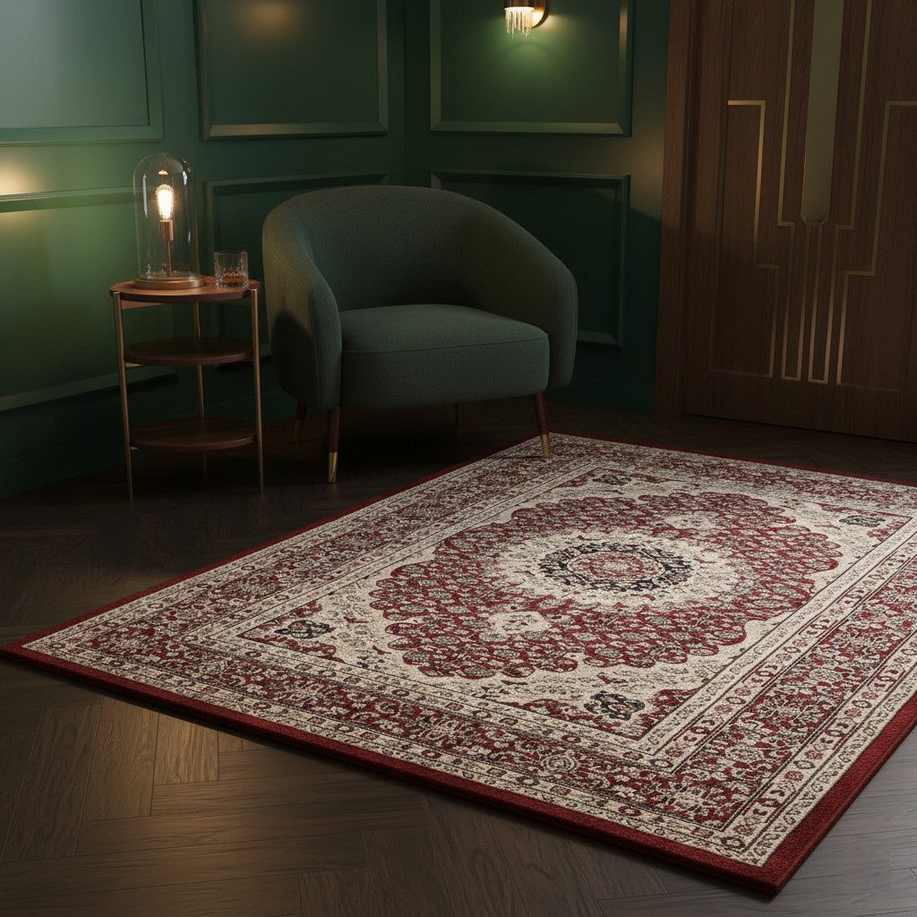 Vimoda Orientteppich Klassisch Orient Teppich Wohnzimmer Dunkel Rot Stil Ornament, Rechteckig, Höhe: 11 mm, Orient Läufer dicht gewebt in bester Qualität