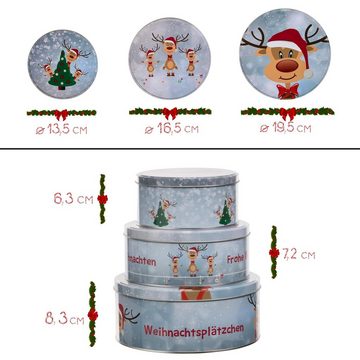 Bada Bing Keksdose Plätzchendose Rudolph Rentier Aufbewahrung für Weihnachtsplätzchen, Metall, (runde Metalldosen, 3-tlg., 3er Set ineinander stapelbar), drei verschiedene größen