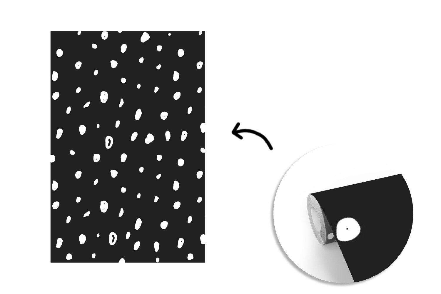 Vinyl (3 St), Matt, Muster, Wohnzimmer, Fototapete - Weiß Montagefertig - Schwarz MuchoWow - für bedruckt, Tupfen Wandtapete Tapete