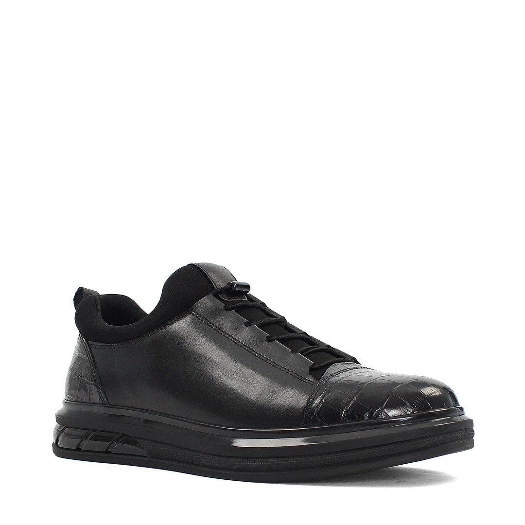 Celal Gültekin Plateausohle Leder Herren Schuhe Elastikschnürung Schwarz Low-Top Sneaker Echtleder, Kroko-Prägung, Schwarz, 43 – Bild 3 von 5