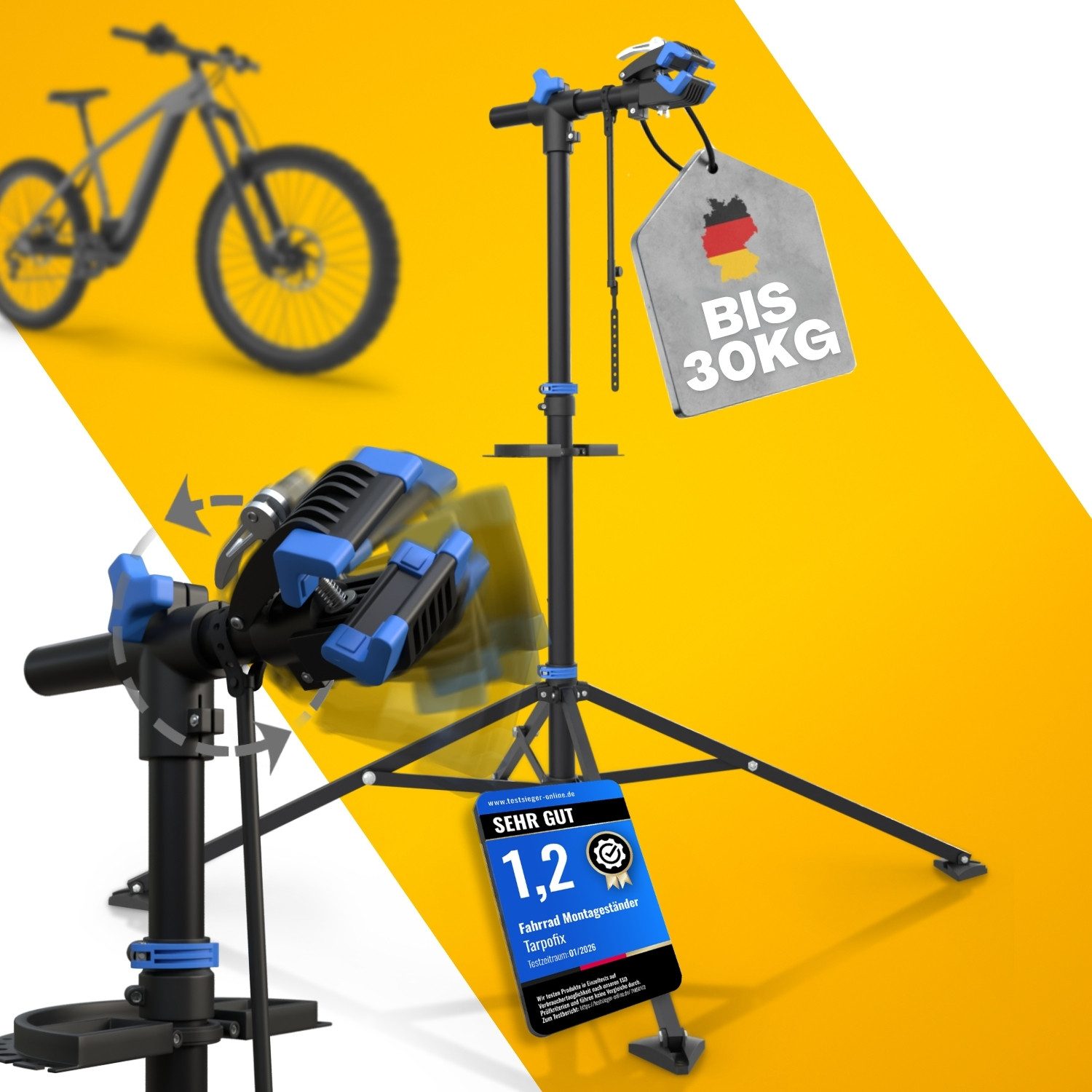 Tarpofix® Fahrrad-Montageständer Fahrrad Montageständer 30 kg klappbar Reparaturständer, Blau: Fahrrad Reparaturständer blau mit 360° Klemmkopf