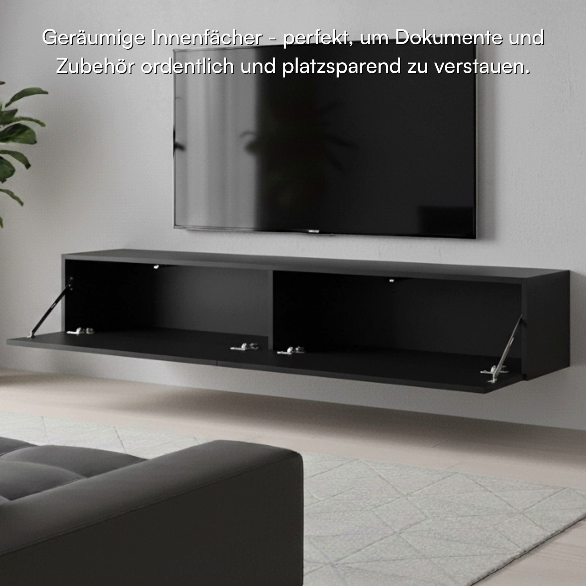 Selsey TV-Schrank Veldio Hängeboard 175 cm, geriffelte Front, Push-to-Open, Schwarz – Bild 4 von 5