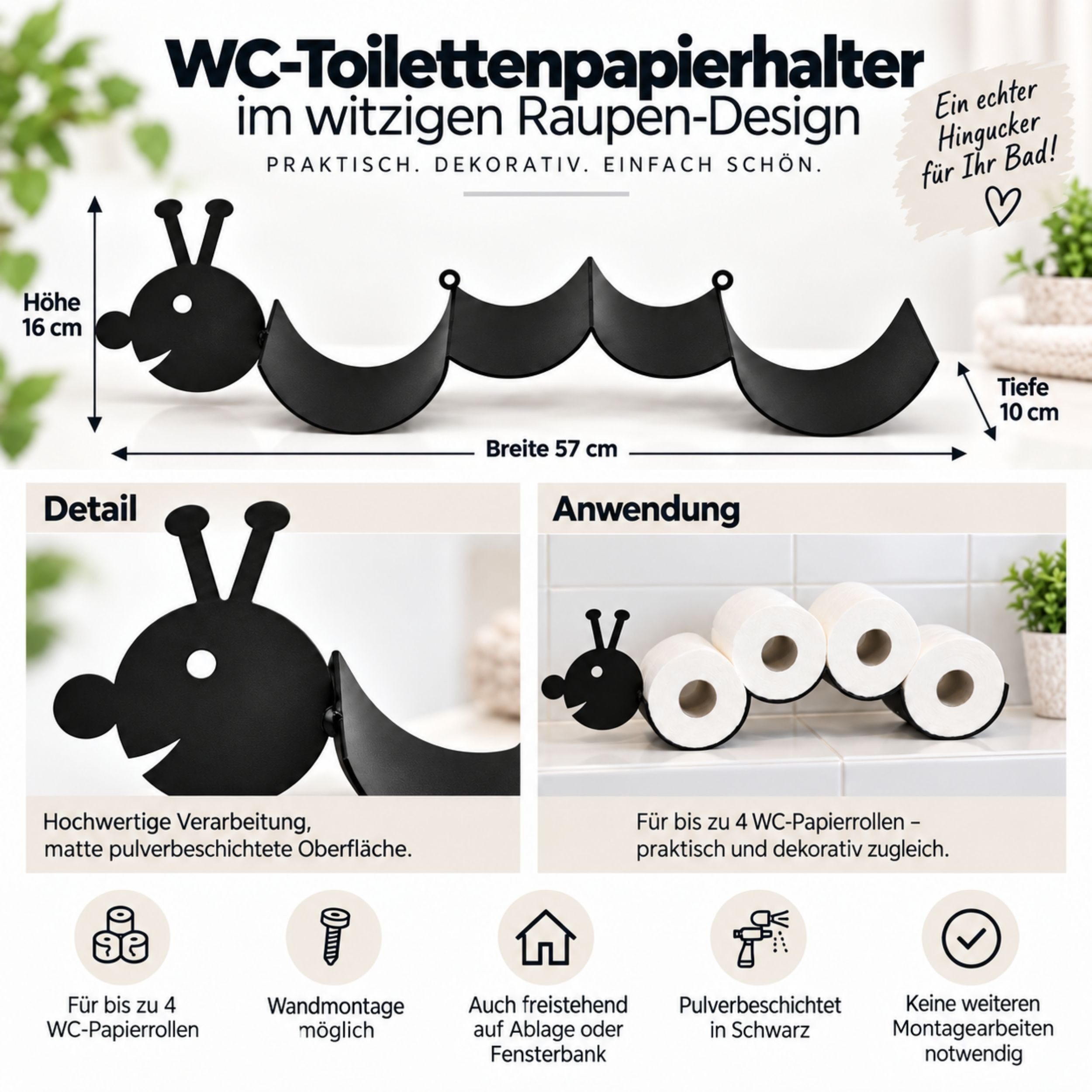 DanDiBo Toilettenpapierhalter Raupe WC Ersatzrollenhalter Wandmontage Schwarz Metall, Papierhalter Rollenhalter – Bild 2 von 5