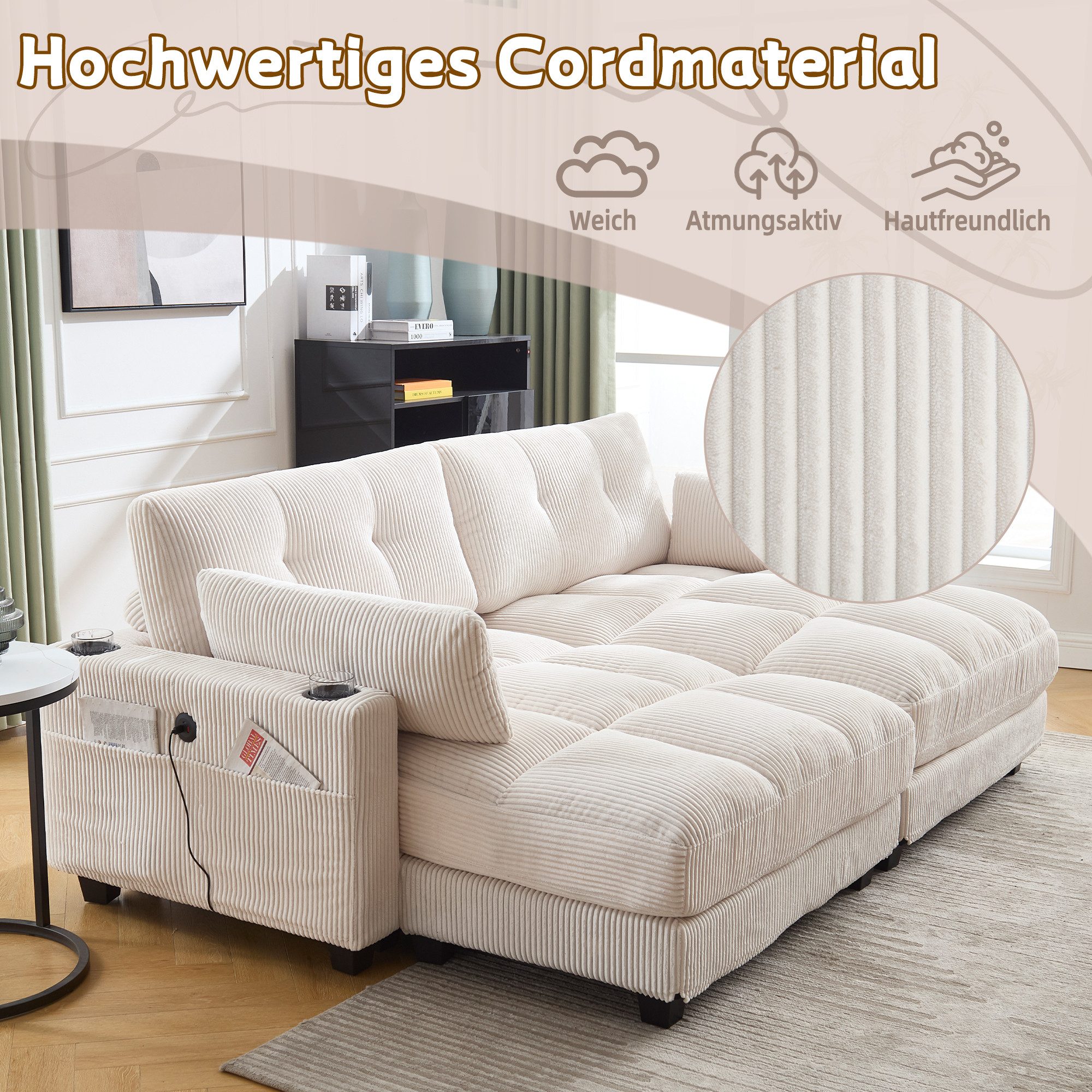 Celya Sofa 2-Sitzer, teilbar in 2 Einzelsitze, mit 2 Kissen, mit 4 Getränkehaltern, 4 Seitentaschen, USB-Ladeanschlüssen an den Armlehnen