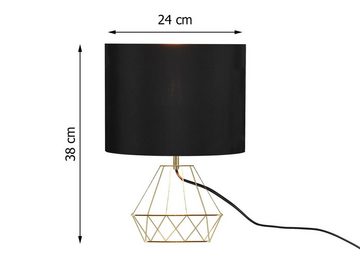 meineWunschleuchte Nachttischlampe, ohne Leuchtmittel, Industrie-Design Gitter-Lampe mit Stoff-Lampenschirm schwarz gold