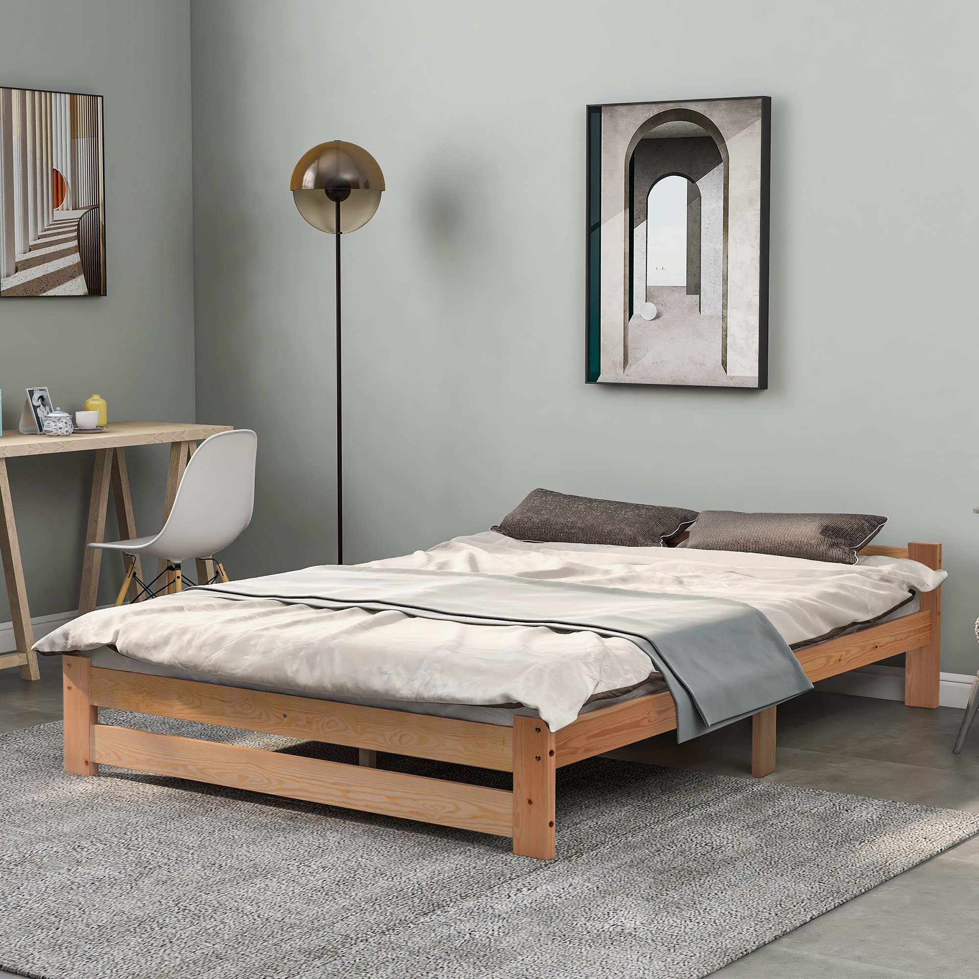 Futonbett (Doppelbett), Ehebett Massivholzbett mit Kopfteil und Lattenrost, 200x140cm