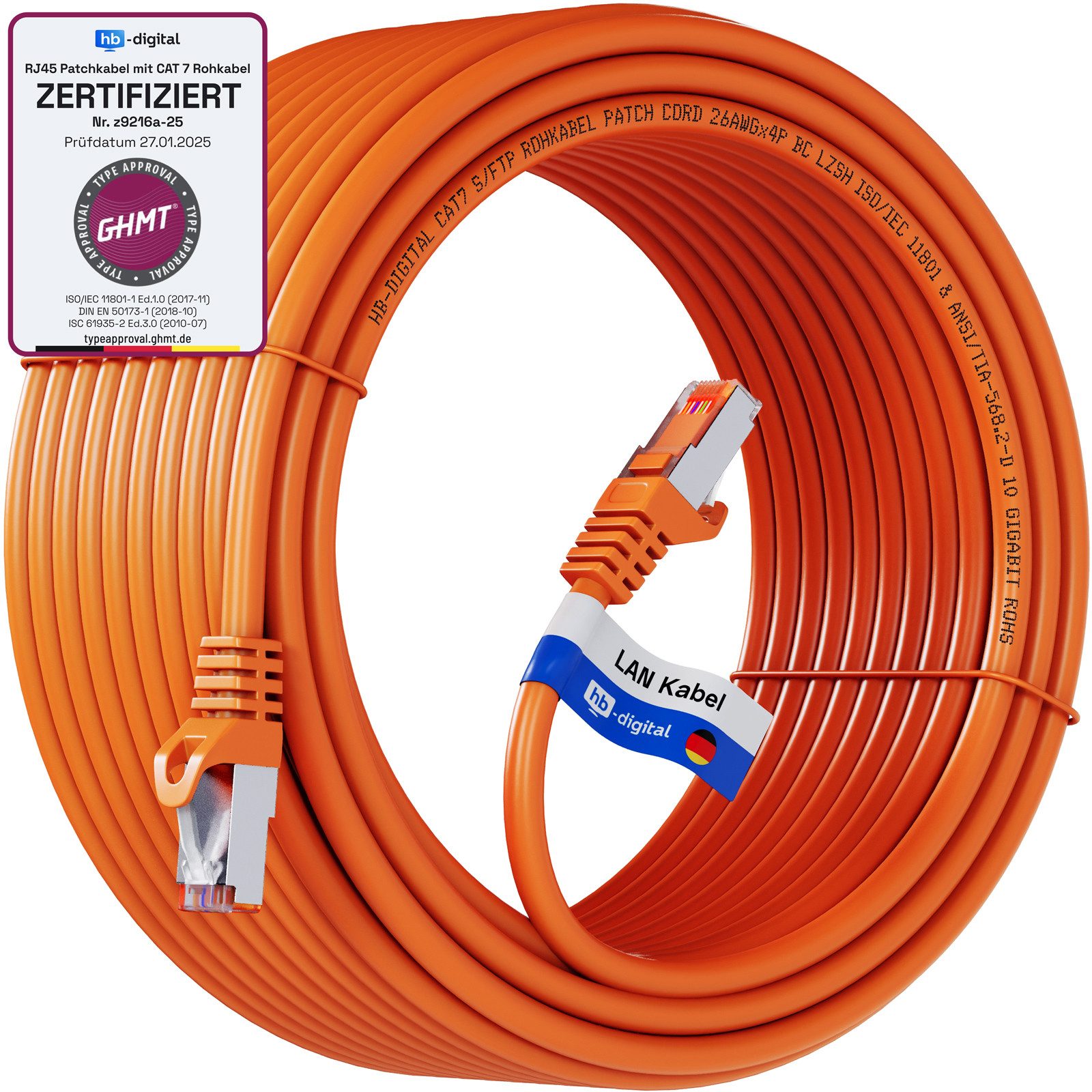 HB-DIGITAL Patchkabel CAT.7 Rohkabel LAN Kabel Cat7 S/FTP PiMF LSZH Netzwerkkabel, Netzwerkstecker, RJ-45 (3000 cm), Kontaktoberfläche: Pins Vergoldet 50µ