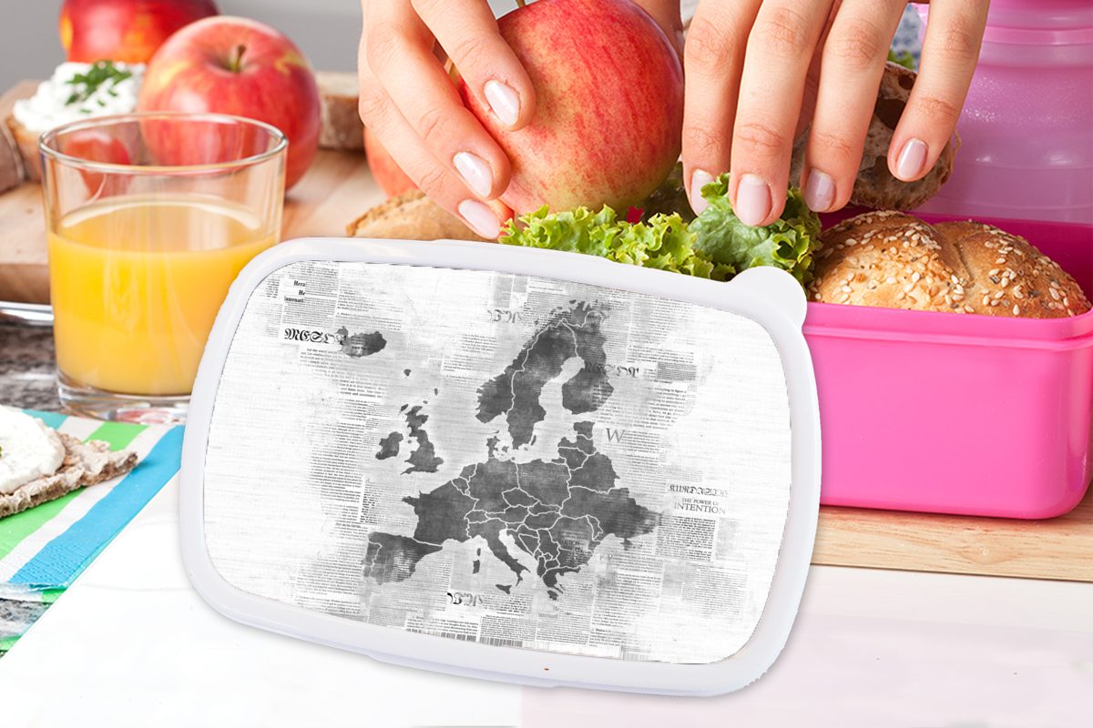 MuchoWow Lunchbox Eurocard auf (2-tlg), Kunststoff, Kinder, Erwachsene, Snackbox, rosa schwarz weiß, Brotbox Mädchen, - Kunststoff Brotdose für und Zeitungspapier
