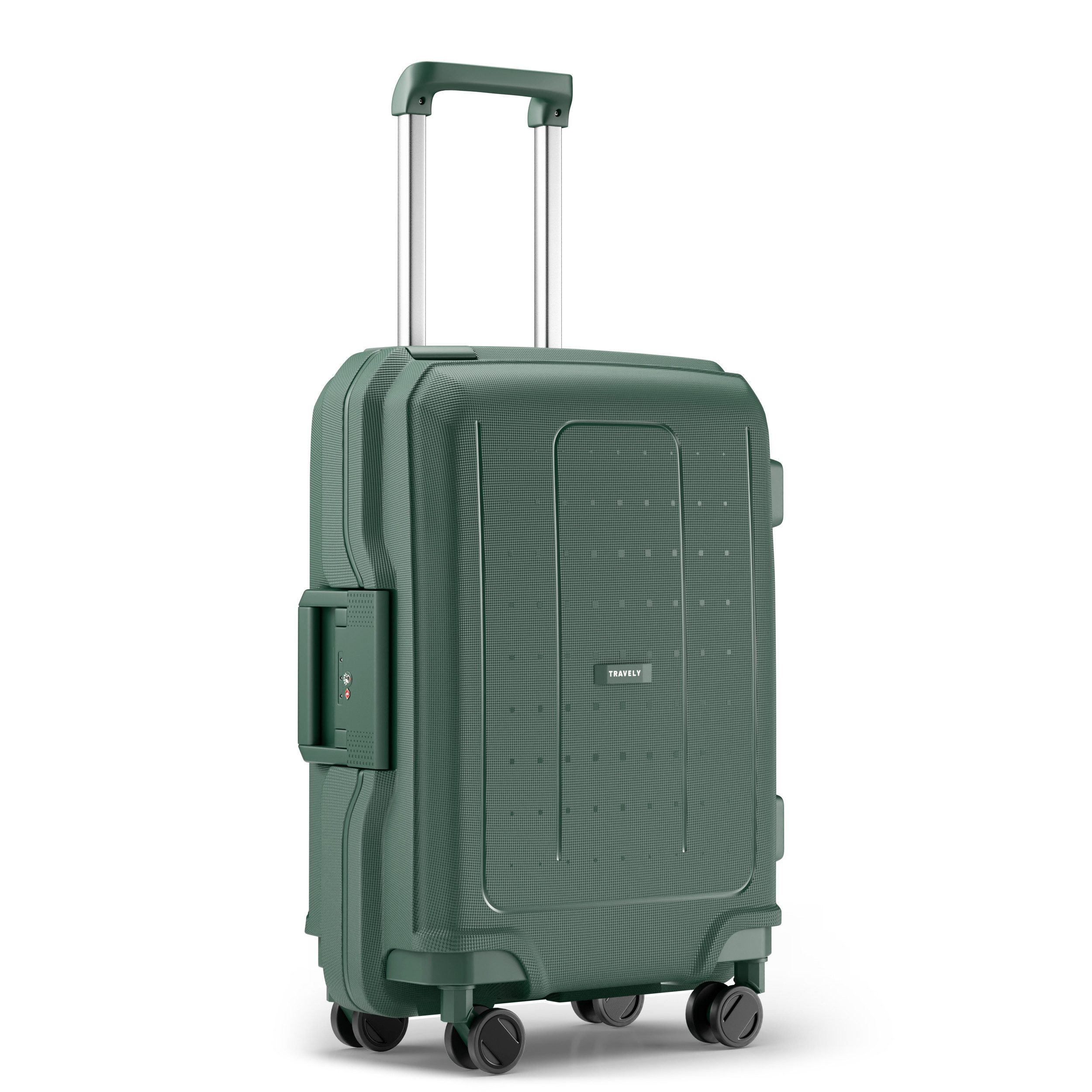 Travely Koffer Polypropylen Handgepäck Koffer 55x40x20cm - für Ryanair Lufthansa etc, 4 Rollen, Designed in Germany, austauschbare Griffe und Rollen