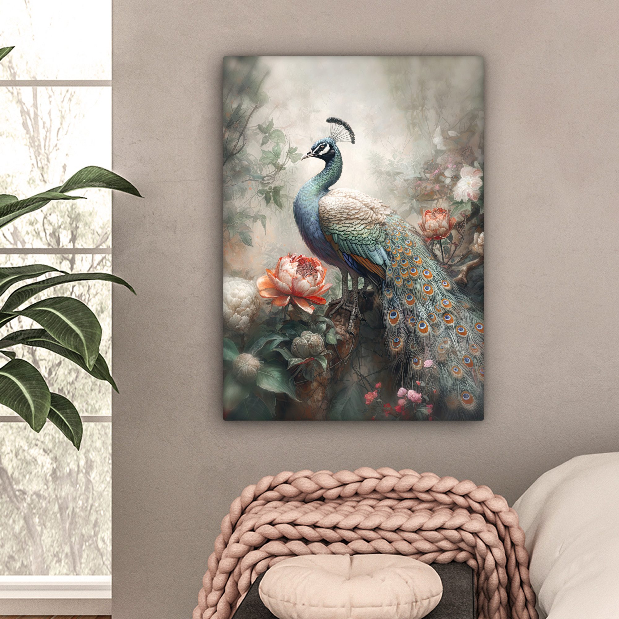 OneMillionCanvasses® Leinwandbild Pfau - Pfauenfedern - Vogel - Dschungel - Blumen, Fotodruck (1 St), Leinwand Bilder für Wohnzimmer Schlafzimmer 50x70 cm
