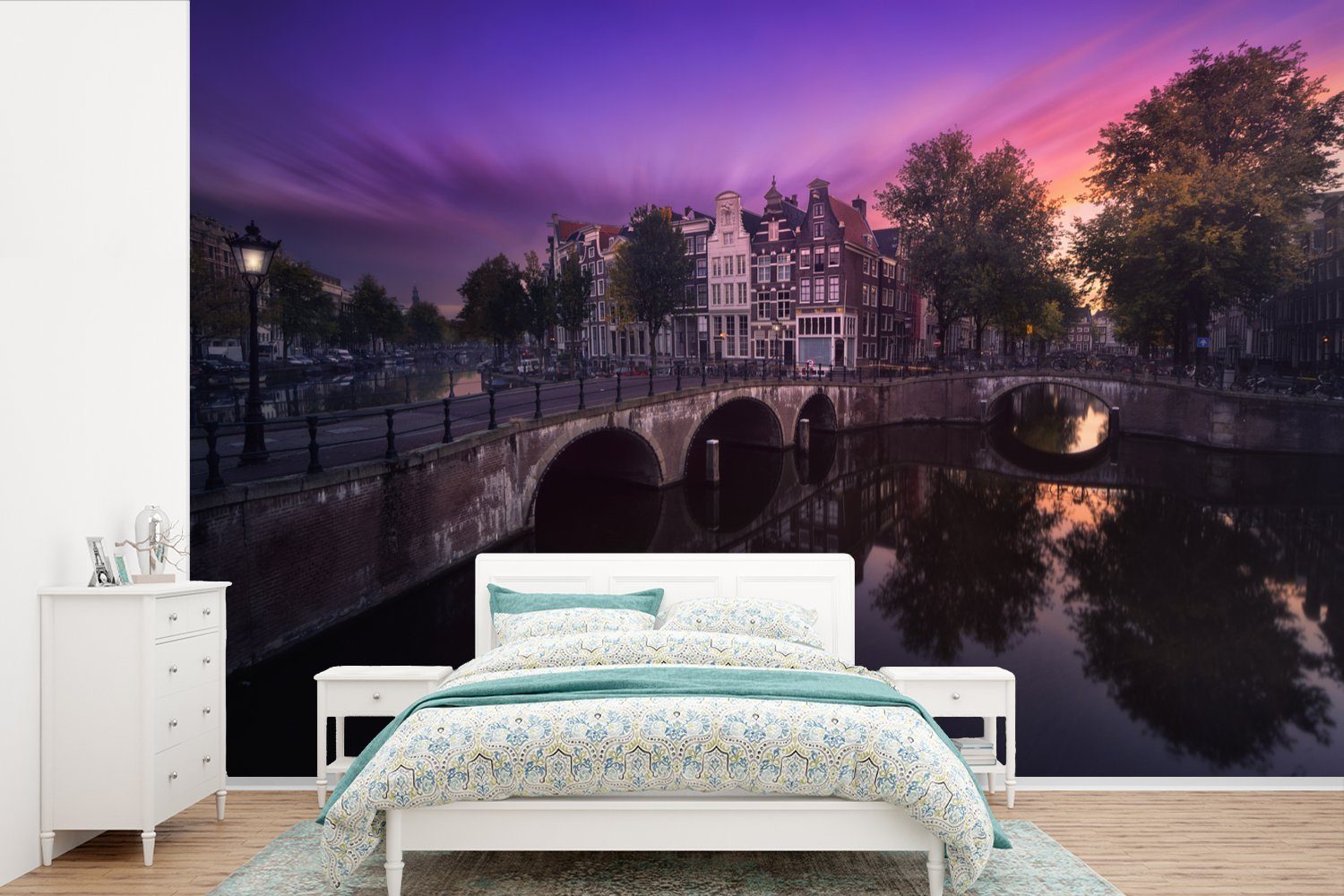 MuchoWow Fototapete Bild der Keizersgracht in Amsterdam unter einem bunten Himmel, Matt, bedruckt, (6 St), Wallpaper für Wohnzimmer, Schlafzimmer, Kinderzimmer, Vinyl Tapete