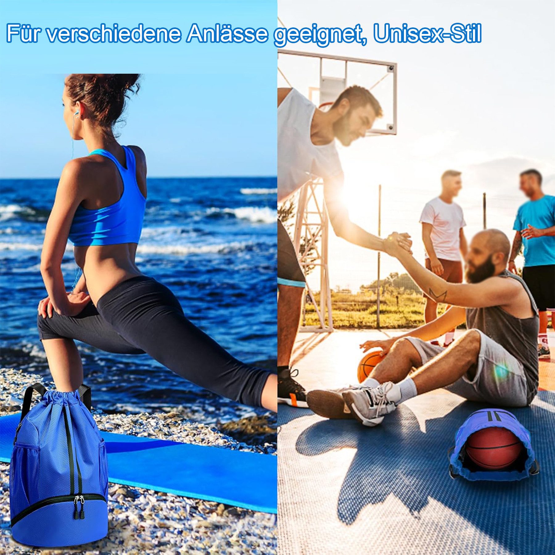 Bold leisure bag, drawstring gym bag, waterproof sports bag with bottom compartment (sports backpack, gym bag with inner and outer pockets, drawstring bag, for sports, travel and city use, swim bag), for women and men