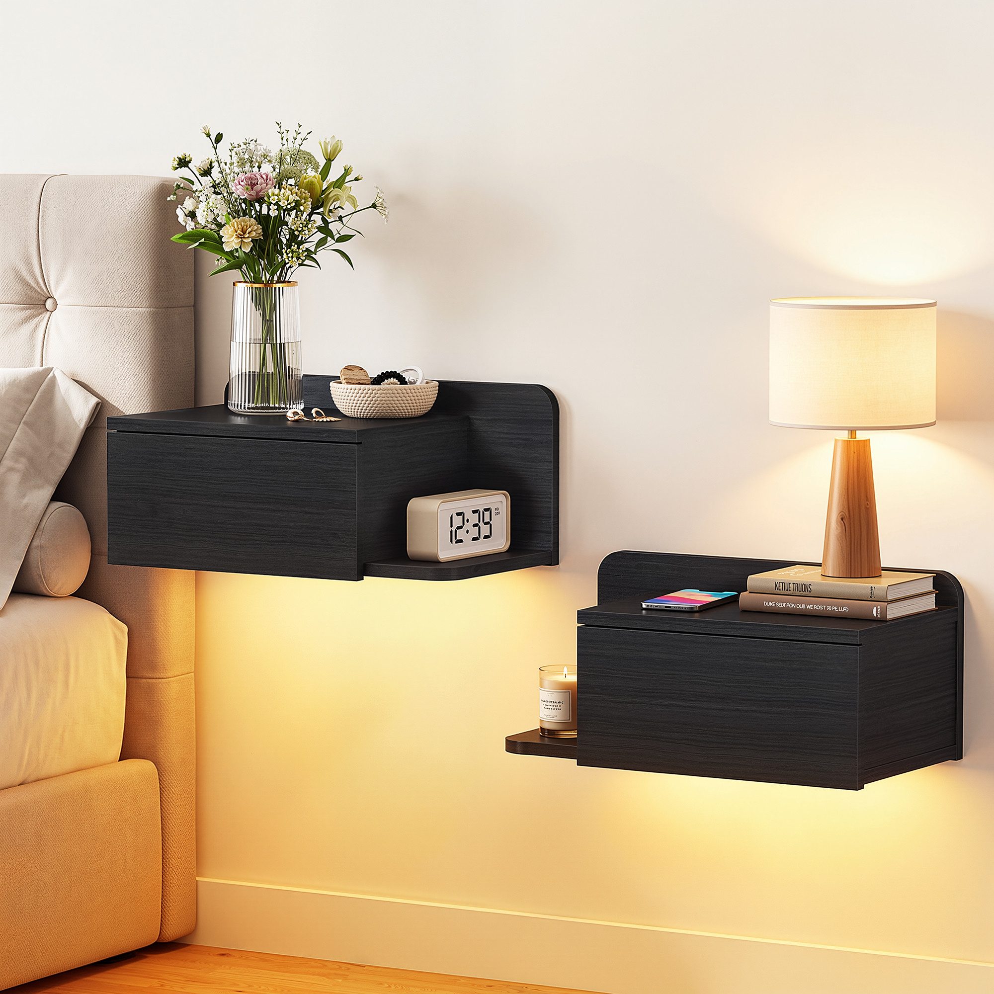 OYRREU Nachttisch Wand-Nachttisch mit LED, Wandregal, Nachtregal Wandablage Schlafzimmer (2er-Set, als Beistelltisch oder Ablage für Wohnzimmer, Flur, Wandregaltisch), Industrieller Look, je mit Schublade, 2 Ablageflächen, schwarz