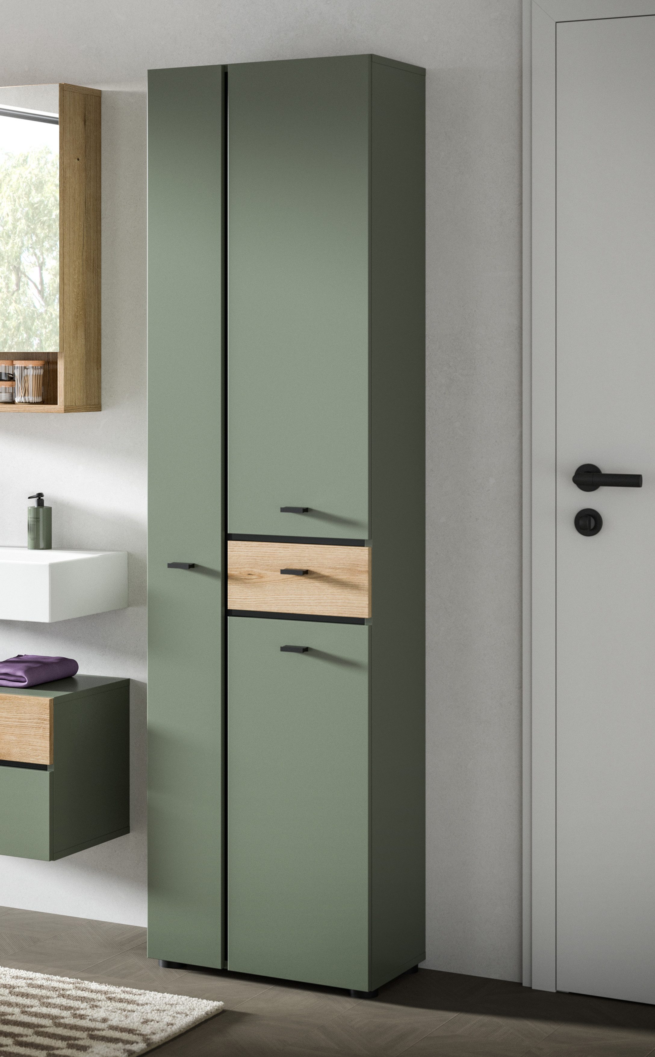 welltime Hochschrank VANN, HÖHE 191cm, 3 Türen, 1 Schubkasten, 12 Fächer, viel Stauraum (individuell mit weiteren Artikel der Serie VANN kombinierbar) Universalschrank, Mehrzweckschrank, Schrank, Badschrank, Badezimmer