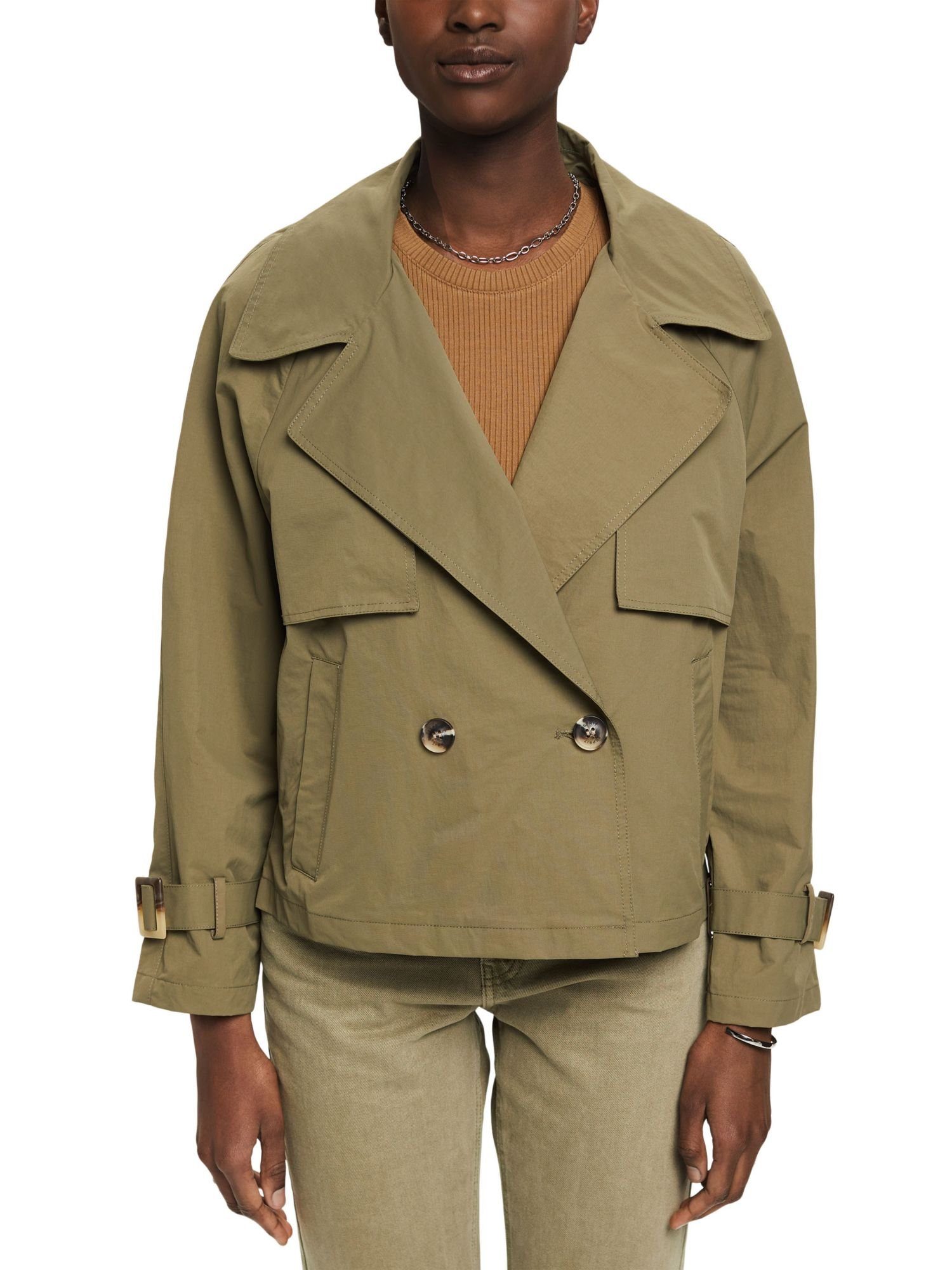 GREEN Trenchcoat Kurzer KHAKI zweireihiger Kurzmantel Esprit