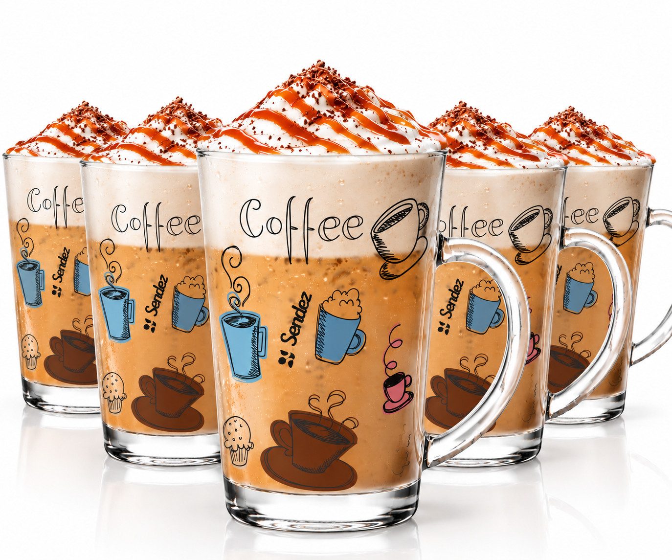 Sendez Latte-Macchiato-Glas 6 Latte Macchiato Gläser 300ml Kaffeegläser mit buntem Kaffee-Aufdruck, 6-tlg., Glas