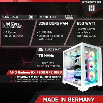 SYSTEMTREFF Gaming-PC (Intel Core i5 13600KF, Radeon RX 7900 GRE, 32 GB RAM, 1000 GB SSD, Luftkühlung, Windows 11, WLAN)