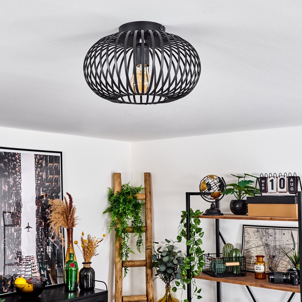 hofstein Deckenleuchte »Aidone« runde Deckenlampe aus Metall in Schwarz, ohne Leuchtmittel, E27, Leuchte mit Lichteffekt durch Gitter-Optik