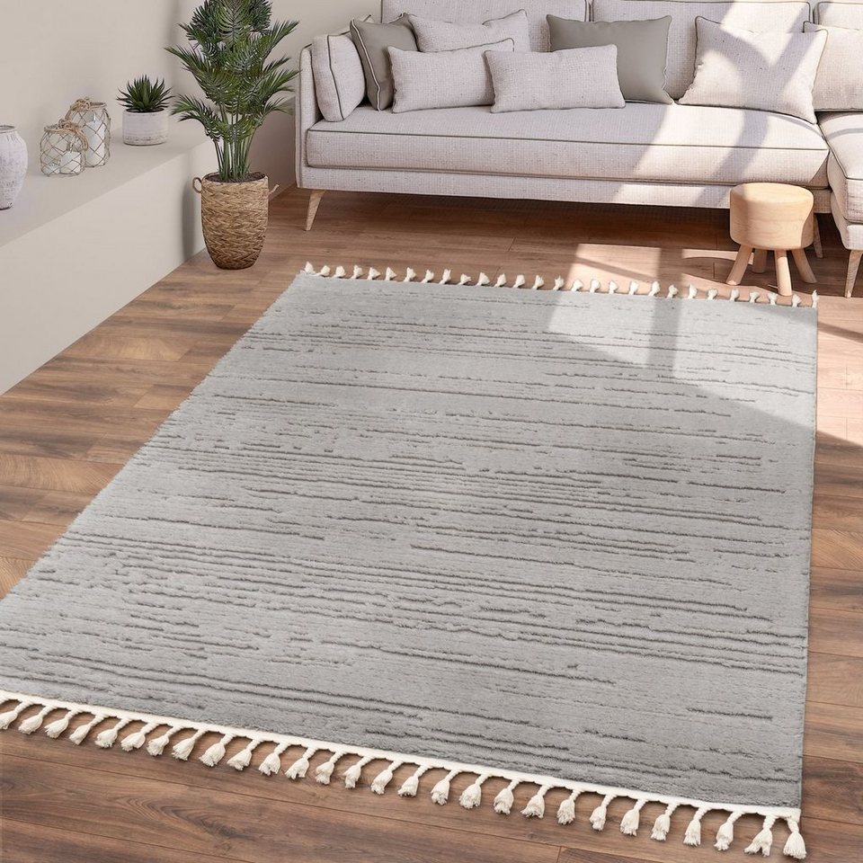 Teppich Wohnzimmer Teppich Esszimmer Kurzflor Fransen Meliert, TT Home,  rechteckig, Höhe: 21 mm