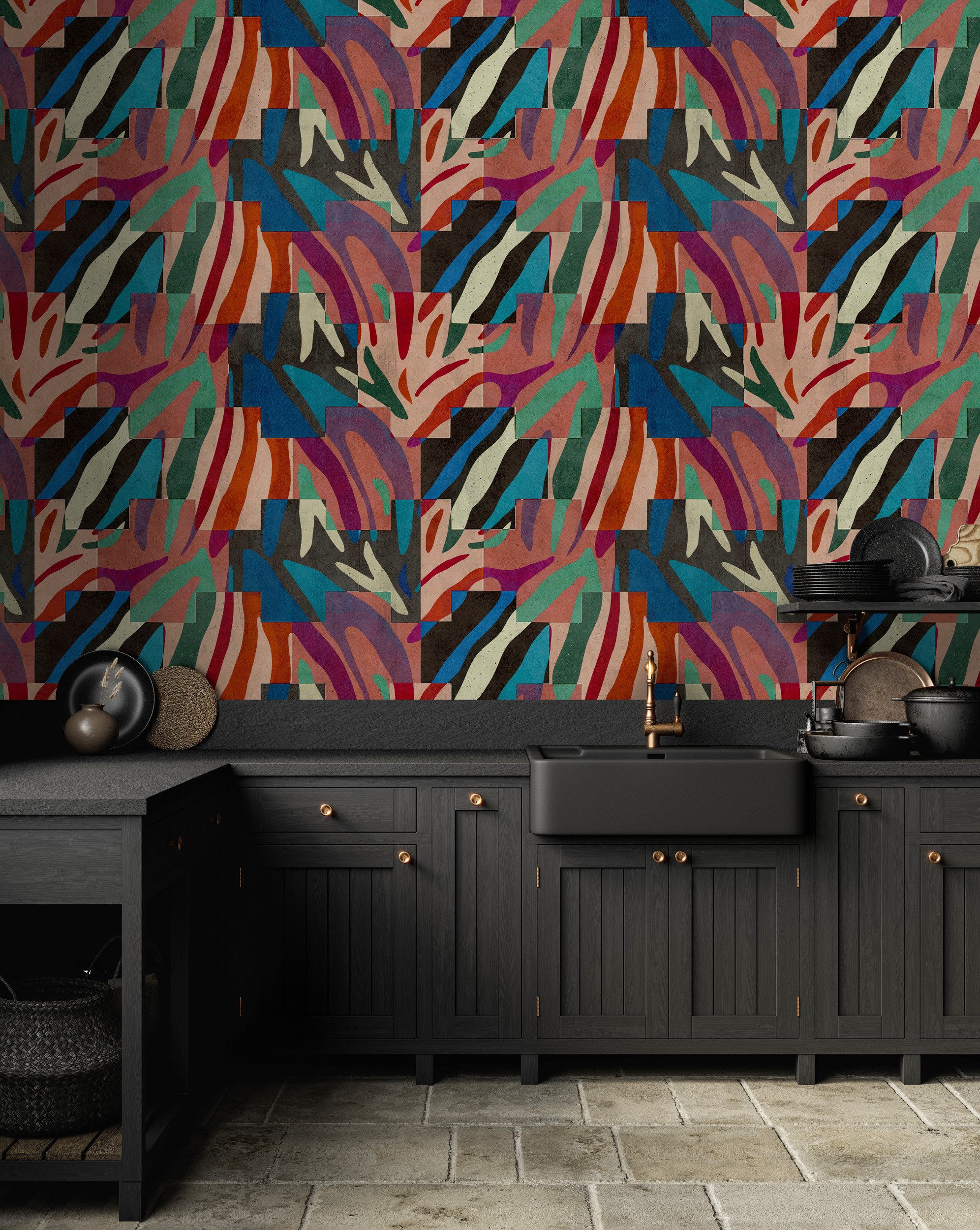 living walls Vliestapete Abstrakte Mustertapete Bunt Schwarz Retro Vlies, glatt, matt, (1 St)