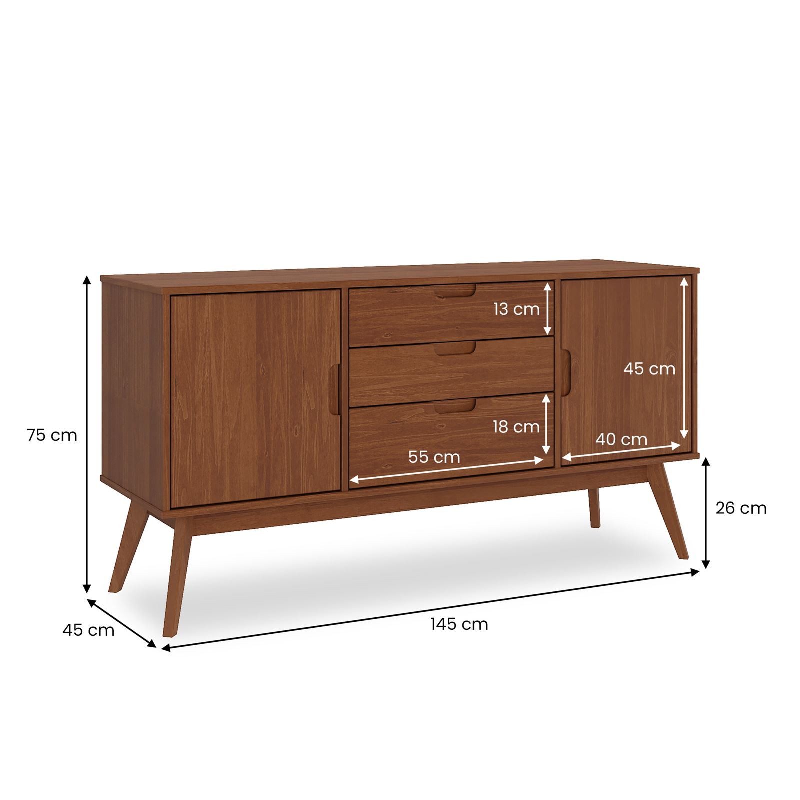 IDIMEX Sideboard TIVOLI, Massivholz Kommode mit 2 Türen und 3 Schubladen, Skandi, Kastanien far