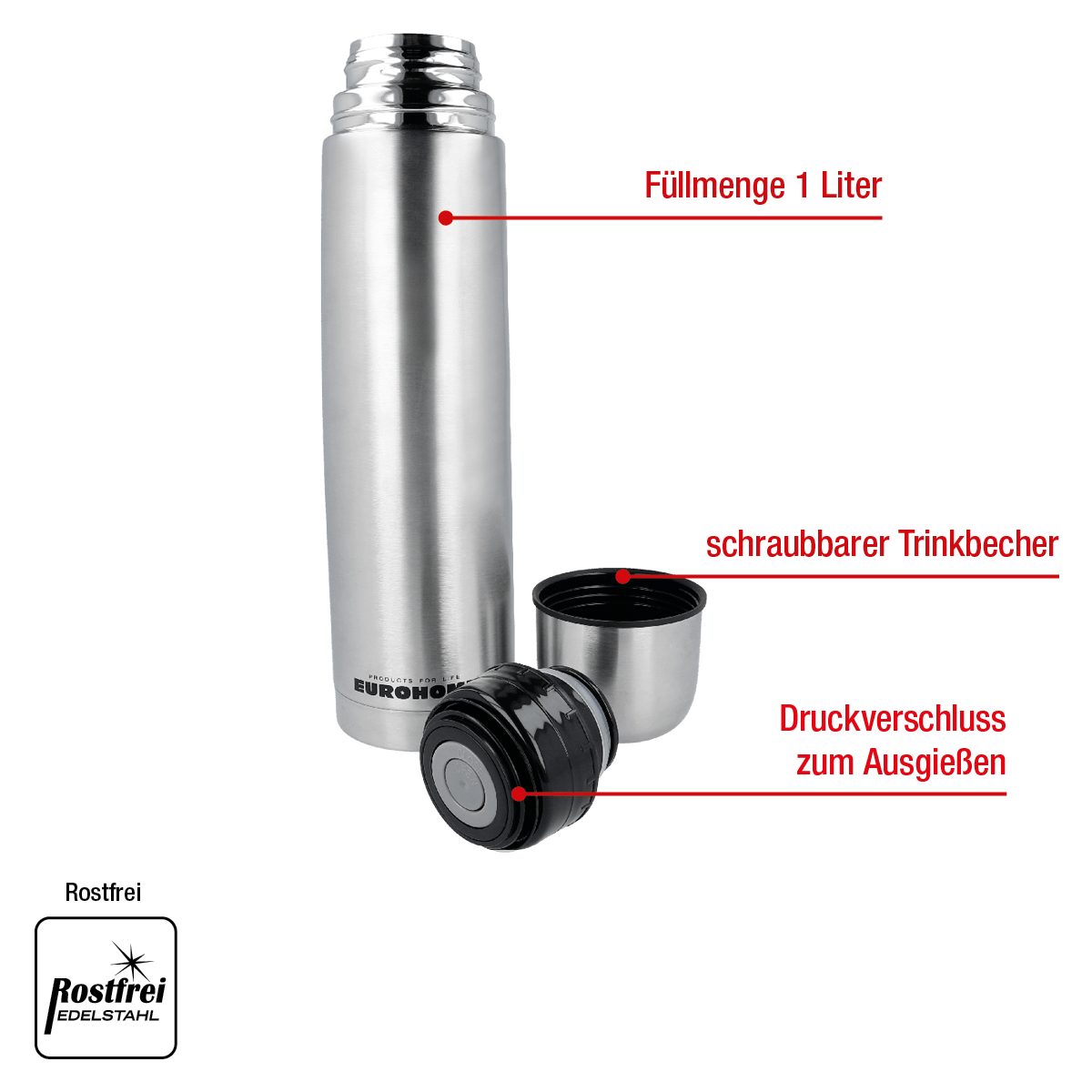 EUROHOME Isolierkanne Edelstahl Isolierflasche Rostfrei mit Satin-Finish, 1 l, (1-St., Thermosflasche 1l, Höhe 32 cm), Thermobecher Kaffee - Trinkflasche mit Trinkdeckel