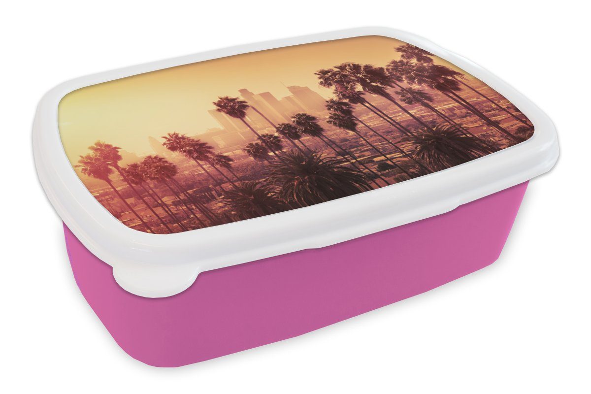 MuchoWow Lunchbox Palme - Skyline Kunststoff, - Kunststoff Erwachsene, Architektur, für Brotbox Brotdose Snackbox, - Kinder, rosa Mädchen, Sonnenuntergang (2-tlg)