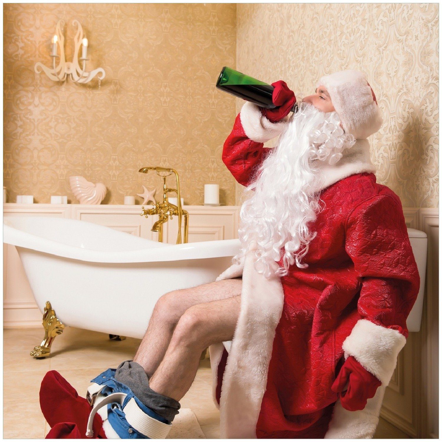 Wallario Memoboard Betrunkener Weihnachtsmann mit Weinflasche auf dem Klo