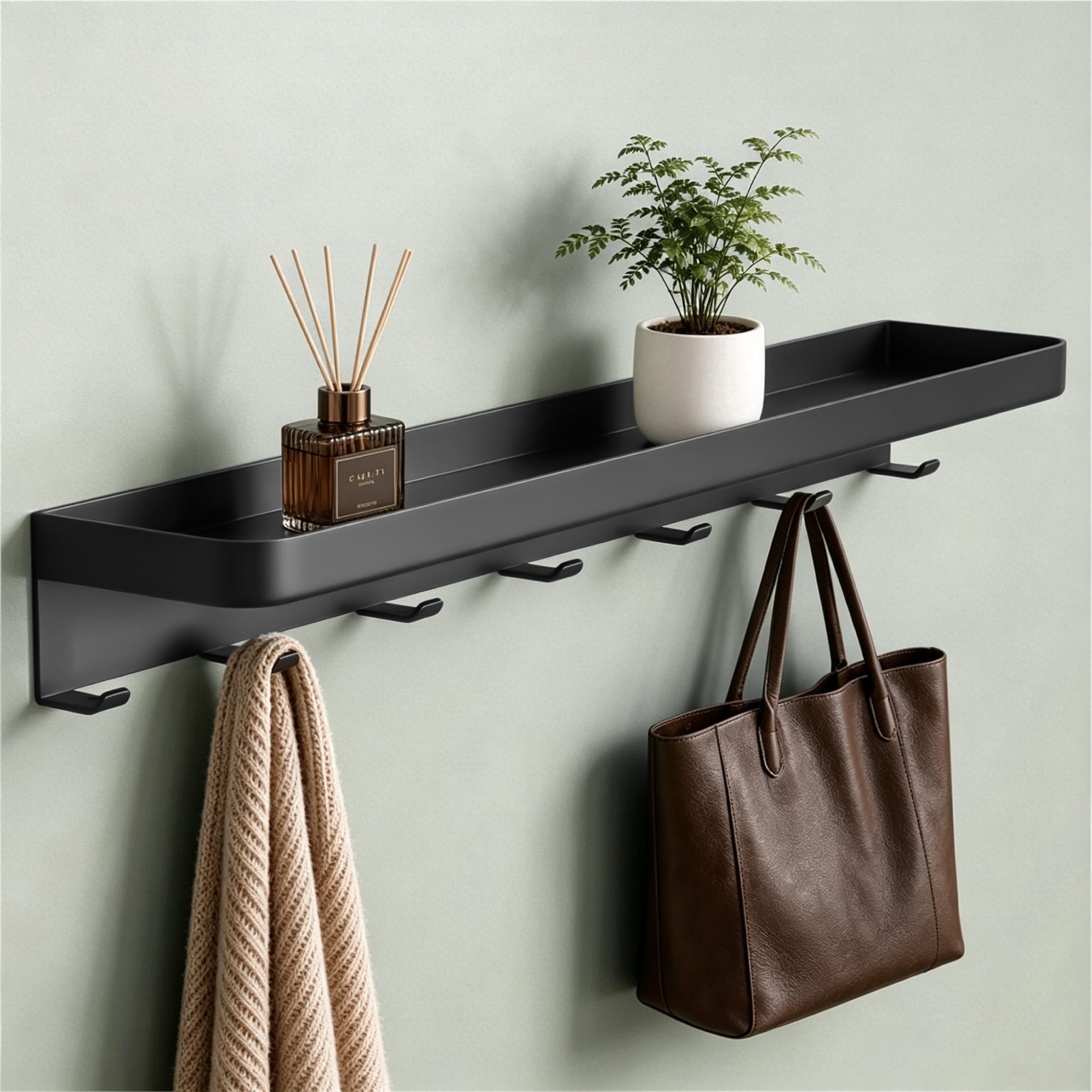 Mai & Mai Garderobenleiste Wandgarderobe mit Ablage Inkl.7 Garderobenhaken 50cm Reglo-20, Hakenleiste mit Ablage, Kleben oder Bohren, für Bad, Flur und Küche
