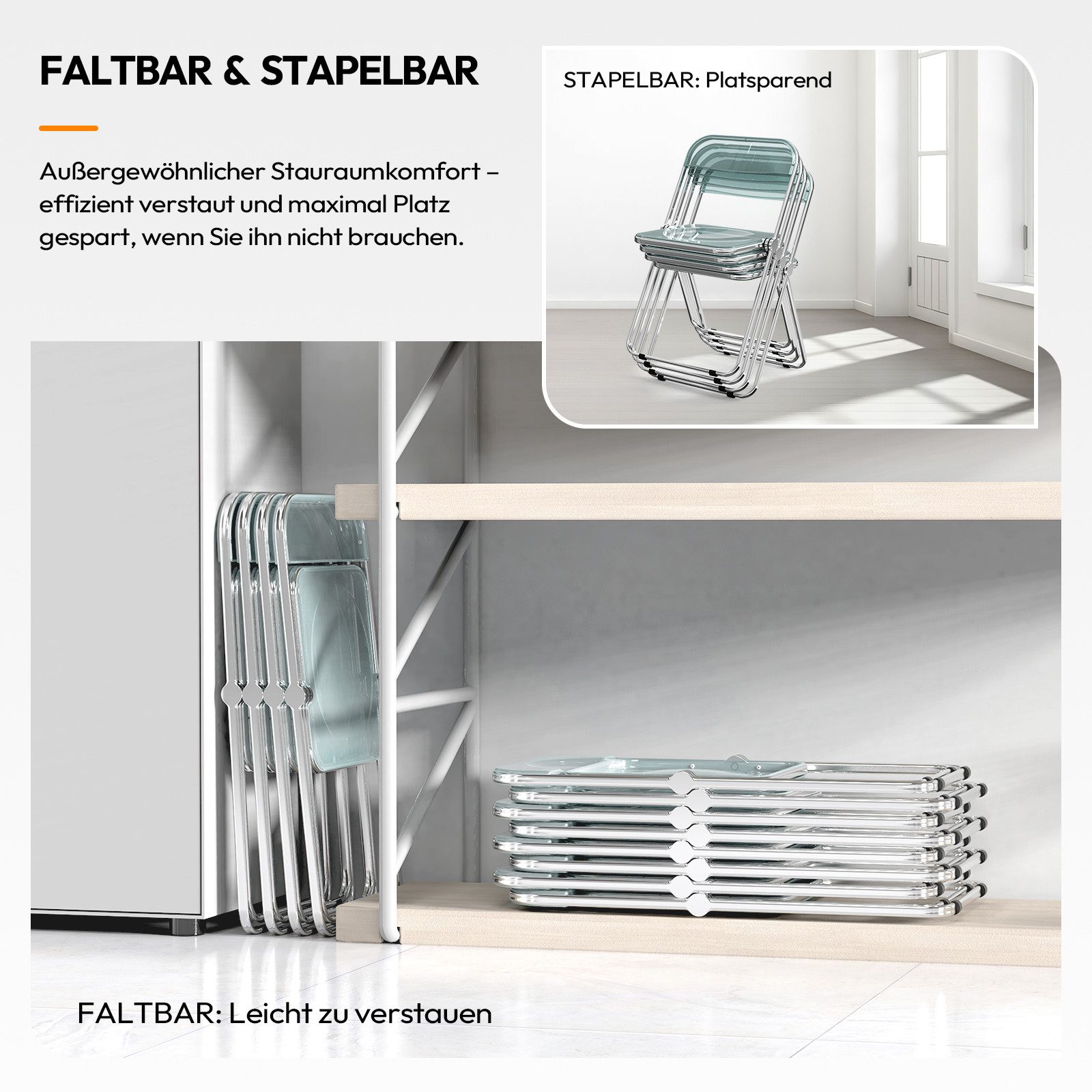 VINGLI Klappstuhl 2er/4er/6er/8er/10/12er Set, Klappstühle aus Metall & Kunststoff (2 St), für Innen- & Außenbereich, bis 159KG, Schwarz/Weiß/Transparent – Bild 5 von 5