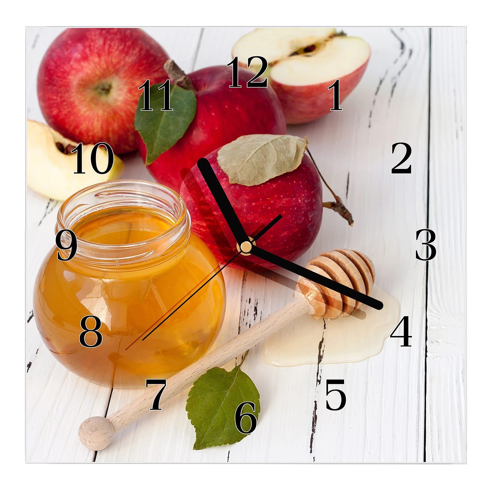 Primedeco Wanduhr Glasuhr Wanduhr Wandkunst Größe 30 x 30 cm mit Motiv Apfel und Honig auf Tisch