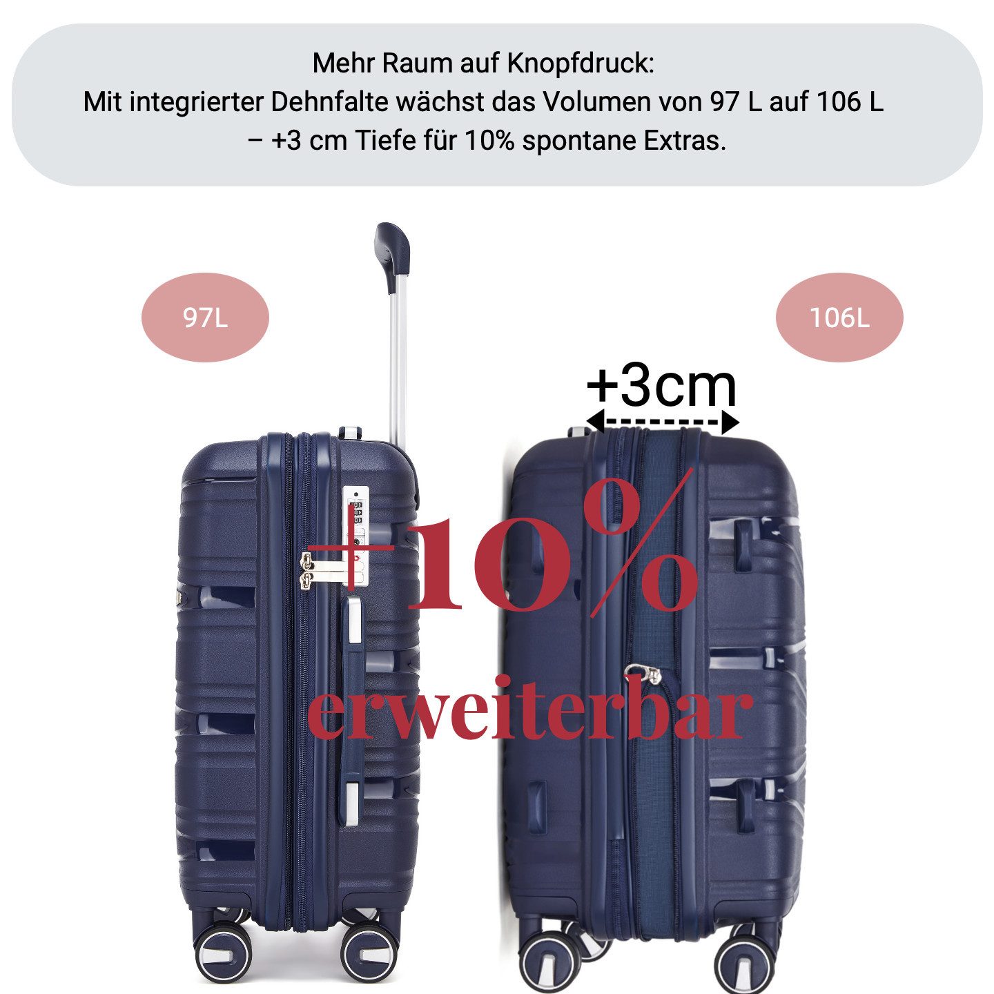 Super Solu Hartschalen-Trolley XL 74cm Polypropylen Koffer, Reisekoffer Erweiterbar Hartschale, 4 Rollen, 360° drehbar, Marineblau, leicht & robust, TSA, 28 Zoll