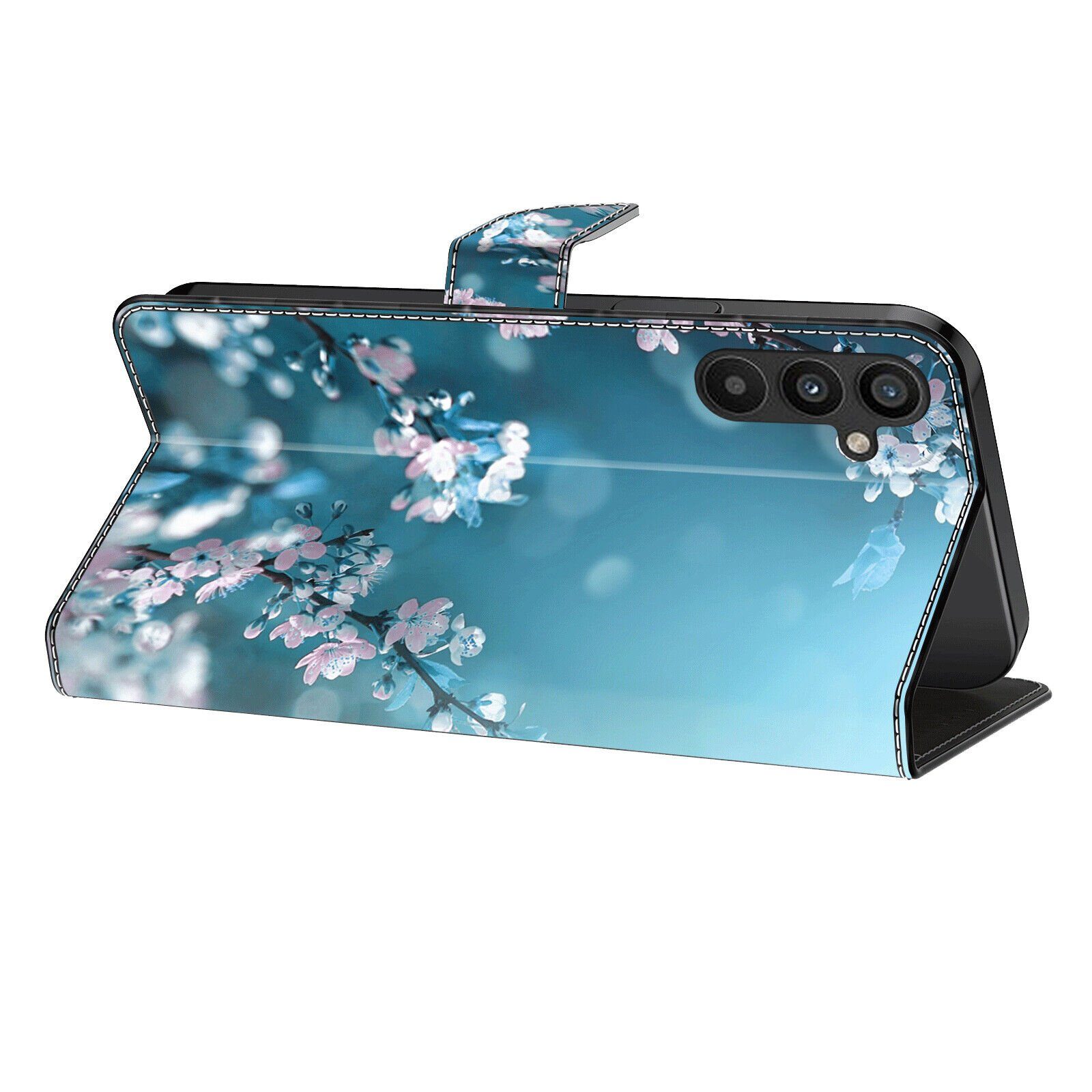 CLM-Tech Handytasche für Samsung Galaxy A16 / A17 5G Hülle aus Kunstleder Klapphülle (Pflaumenblüte blau, Handyhülle mit Standfunktion - Wallet Flip Case inklusive Kartenfächer), Cover mit Magnetverschluss