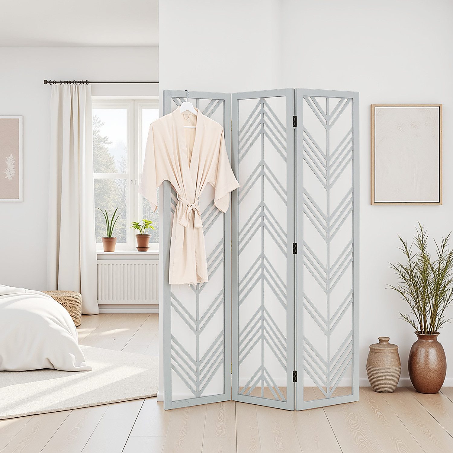 Homestyle4u Paravent Raumteiler Holz Trennwand Grau Sichtschutz Indoor faltbar Chevron (3-teilig)