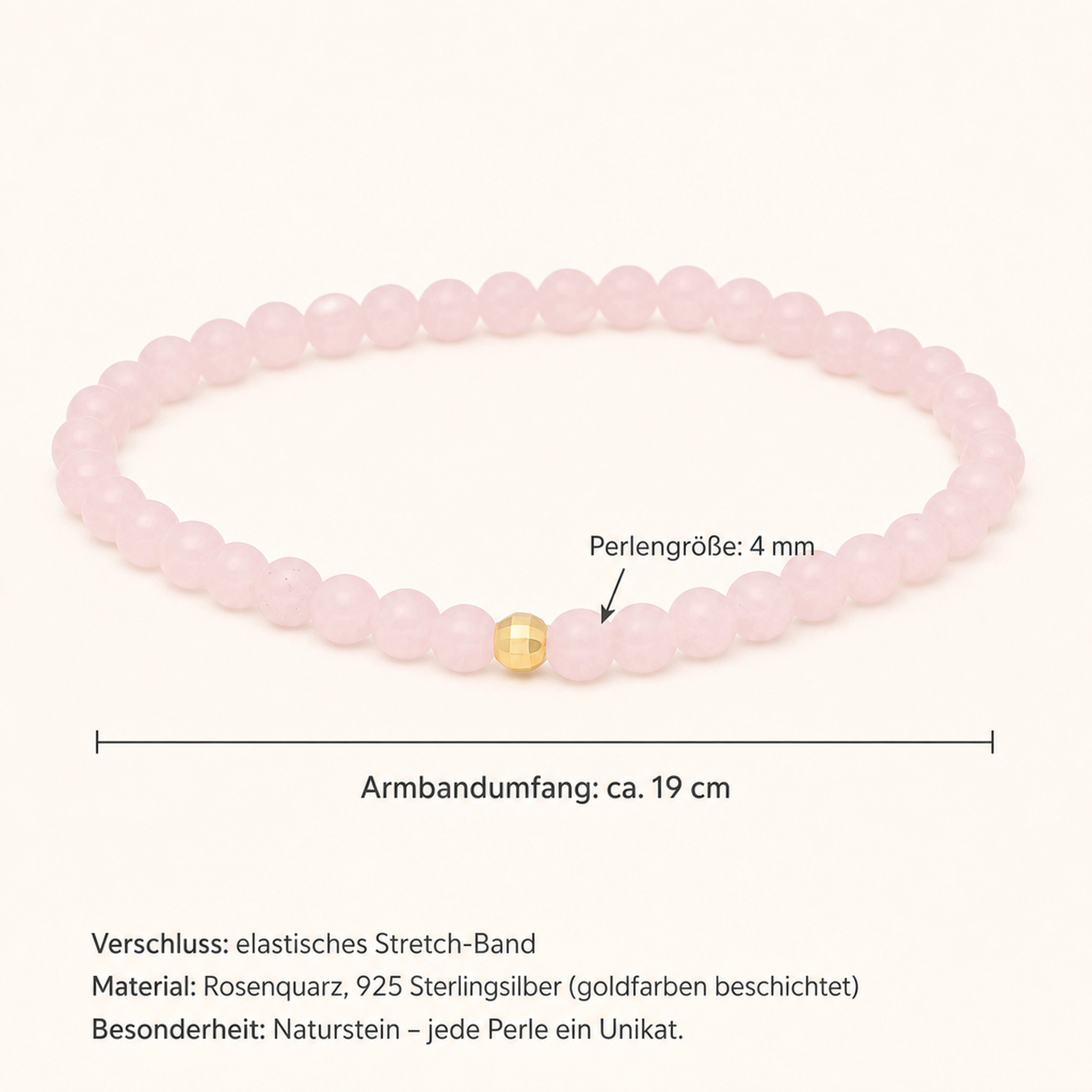 Lebensquelle Plus Armband Rosenquarz Armband 4mm Perlen – 19cm mit Silber-Goldperle
