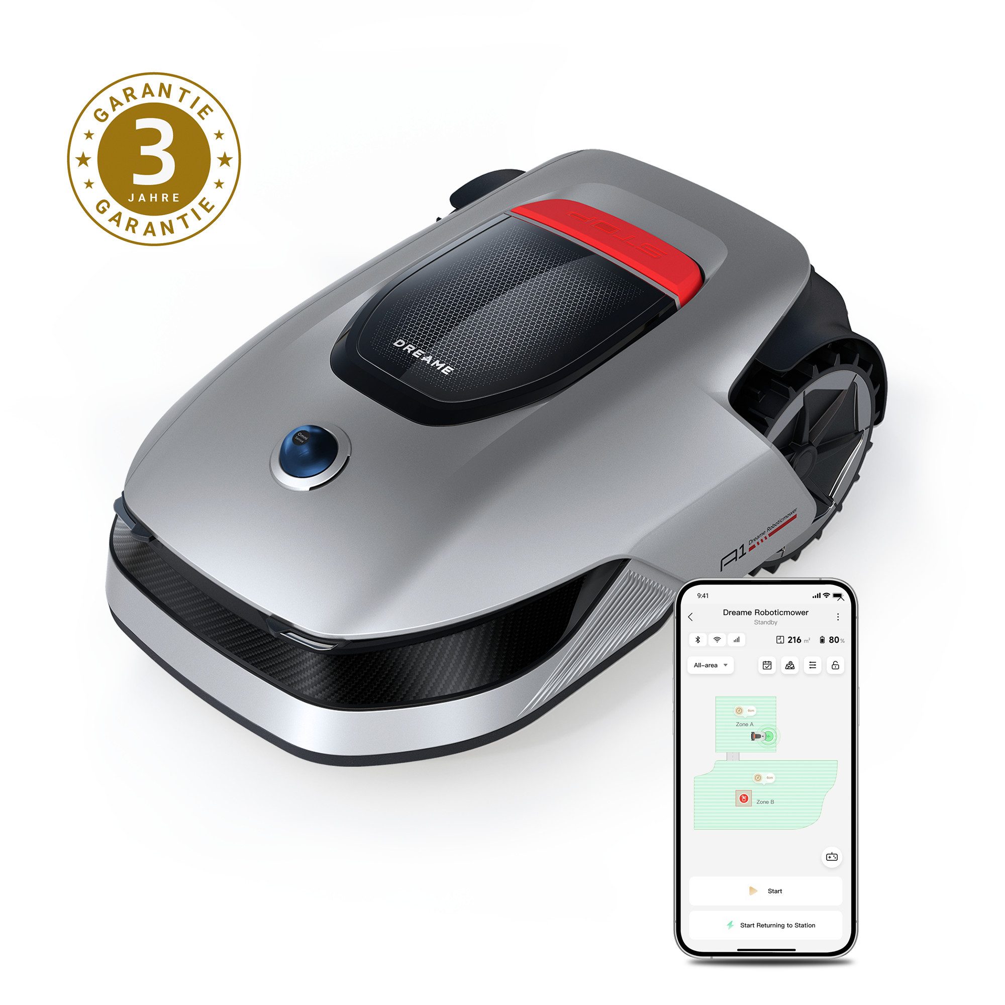Dreame Rasenmähroboter Mower A1, bis 2000 m² Rasenfläche, benötigt kein Begrenzungskabel, erkennt Hindernisse automatisch schwarz