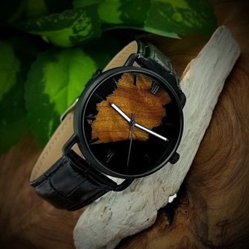 Holzwerk Quarzuhr DREBKAU Epoxidharz Edelstahl & Leder Uhr in gold, braun und grün