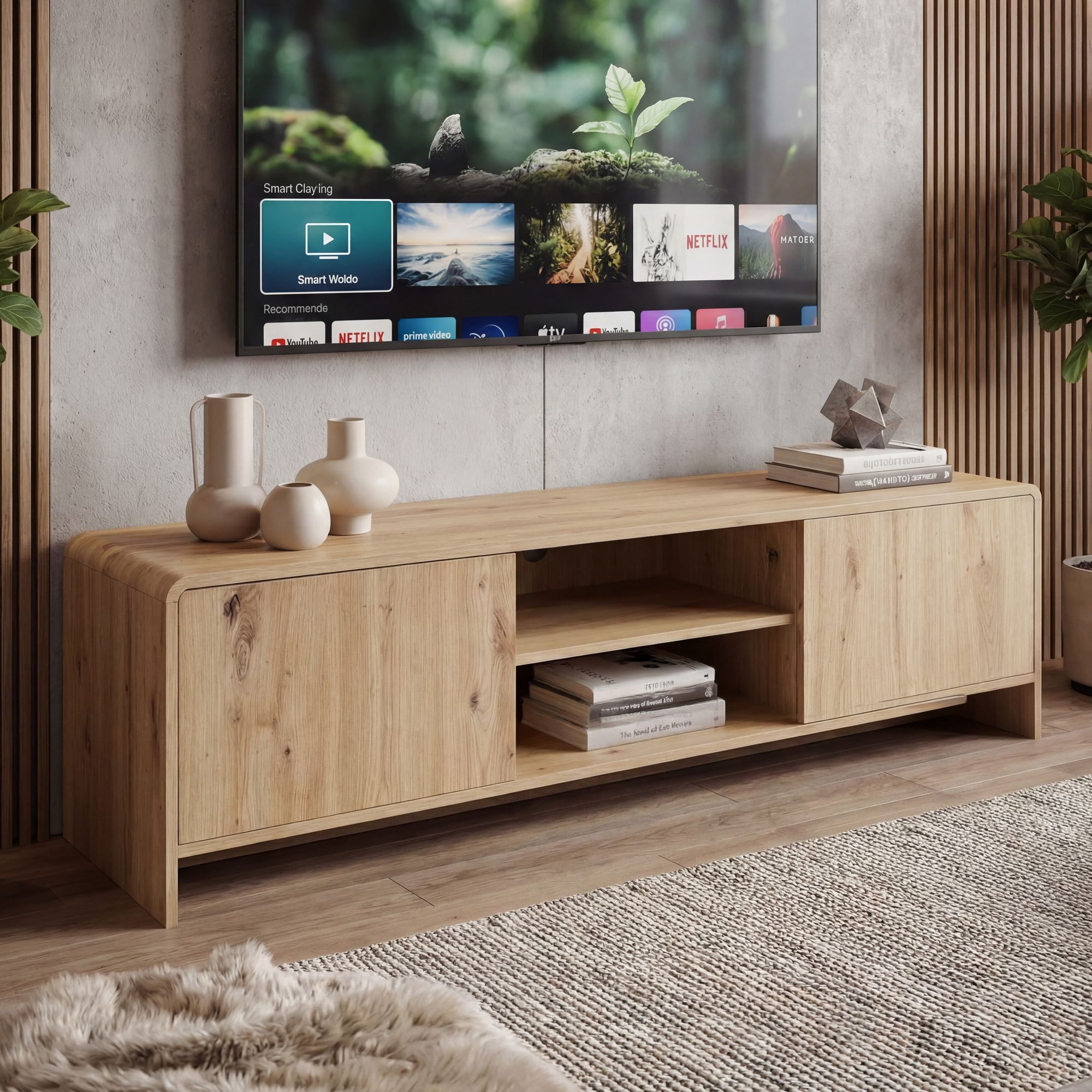 FINEBUY Lowboard FB117891 TV Board Fernsehschrank TV Kommode in Eiche Dekor 155cm (Praktisches Phonomöbel mit Kabeldurchlass), Viel Stauraum dank zwei nützlicher Türfächer