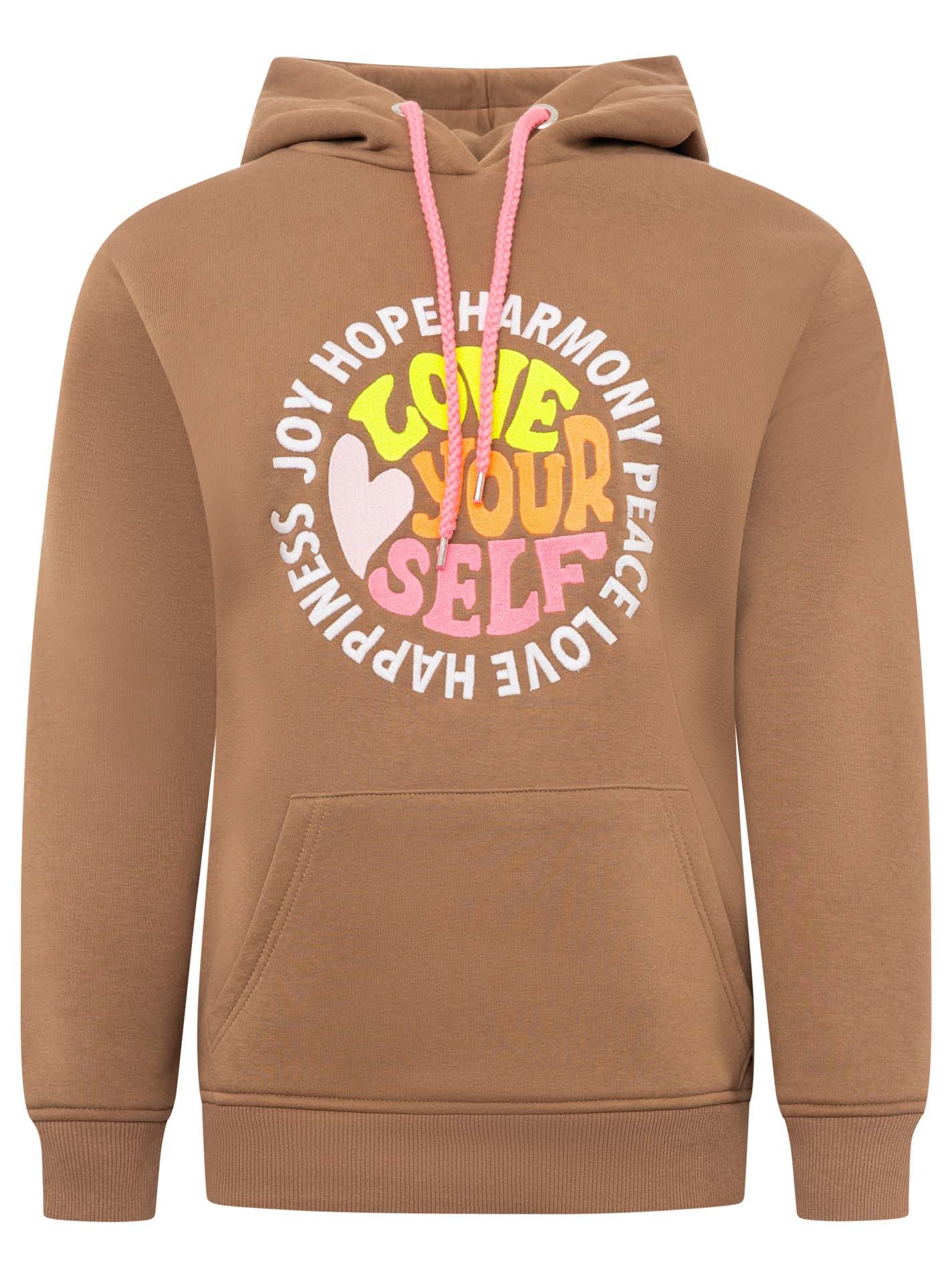 Zwillingsherz Hoodie "Love Yourslef" runde große Frontstickerei, farbige Kordel, Kängurutasche – Bild 2 von 5