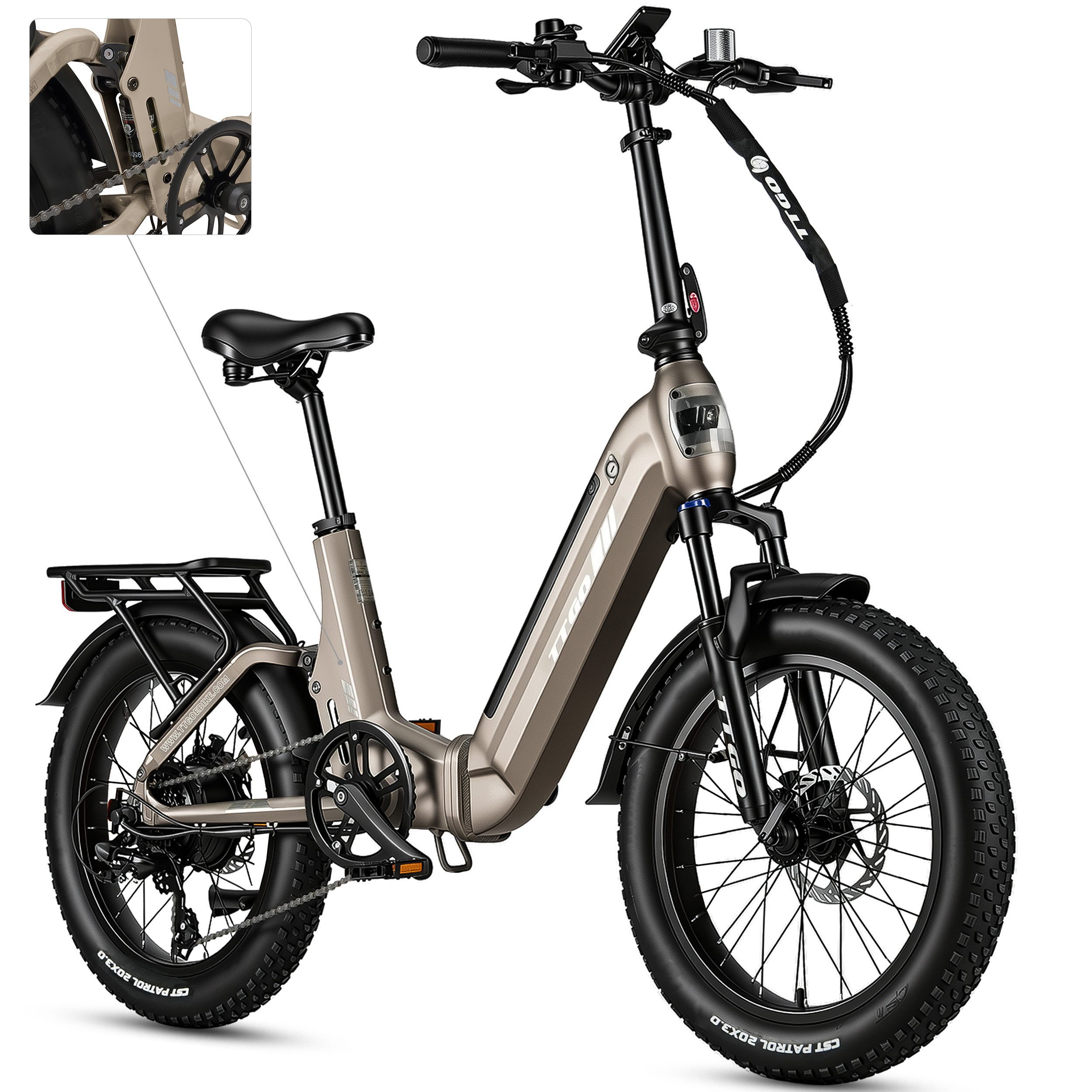 TTGO E-Bike Klapprad 20 Zoll, Fully, Vollfederung, 48V 720Wh, max. 150km, mit Bremslicht, 7 Gang SHIMANO, Kettenschaltung, Heckmotor, 720 Wh, (Faltrad, Softtail, hydr. Scheibenbremse, 150kg belastbar), Drehmomentsensor, Lockout-Federgabel, Elektrofahrrad für Damen Herren