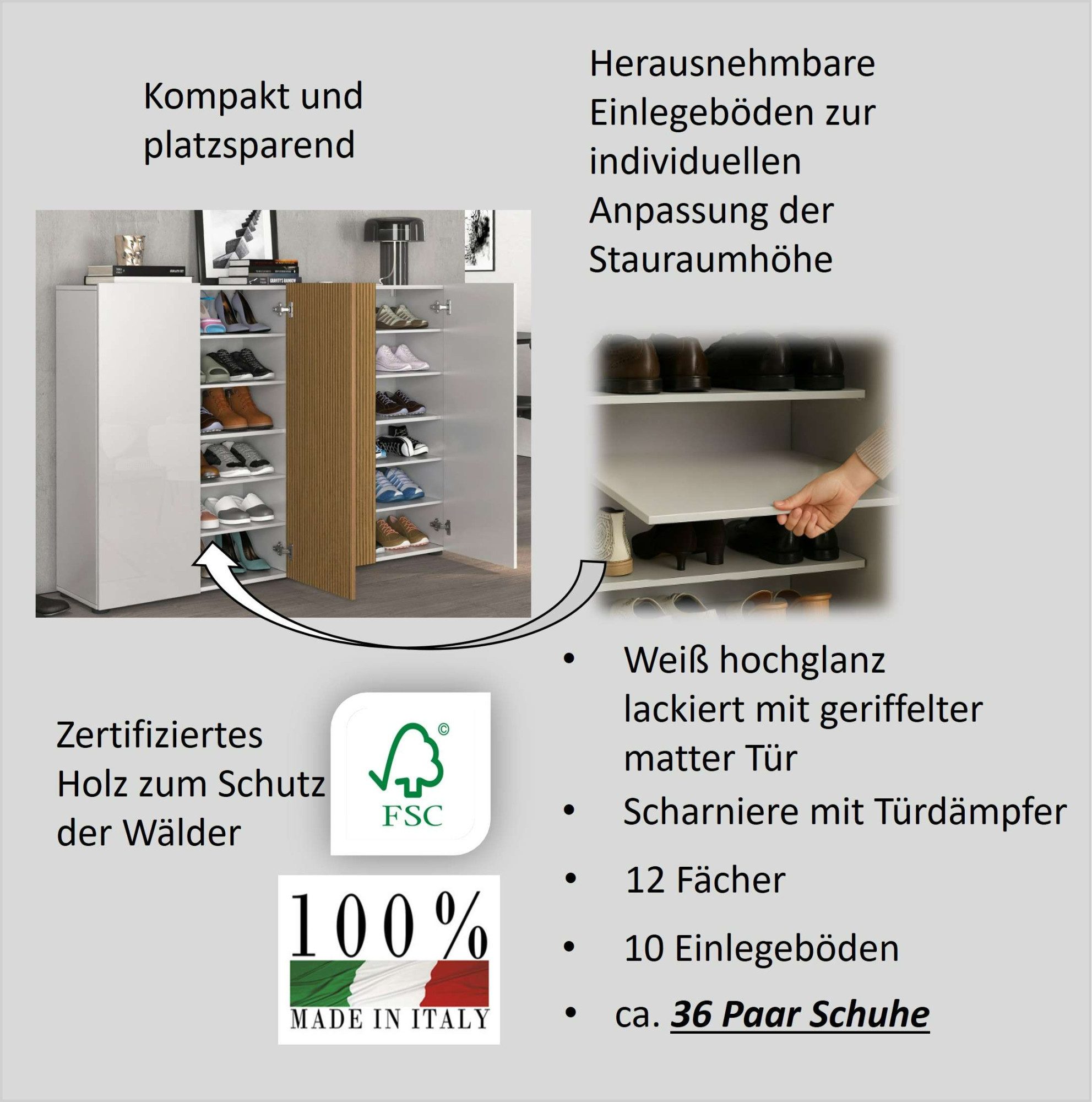 Home affaire Schuhschrank LADY, Schuhkommode,Schuhmöbel,Schuhablage,Schuhregal mit 10 Einlegeböden, 12 Fächer, Tür mit Rillenoptik, ca.36 paar Schuhe