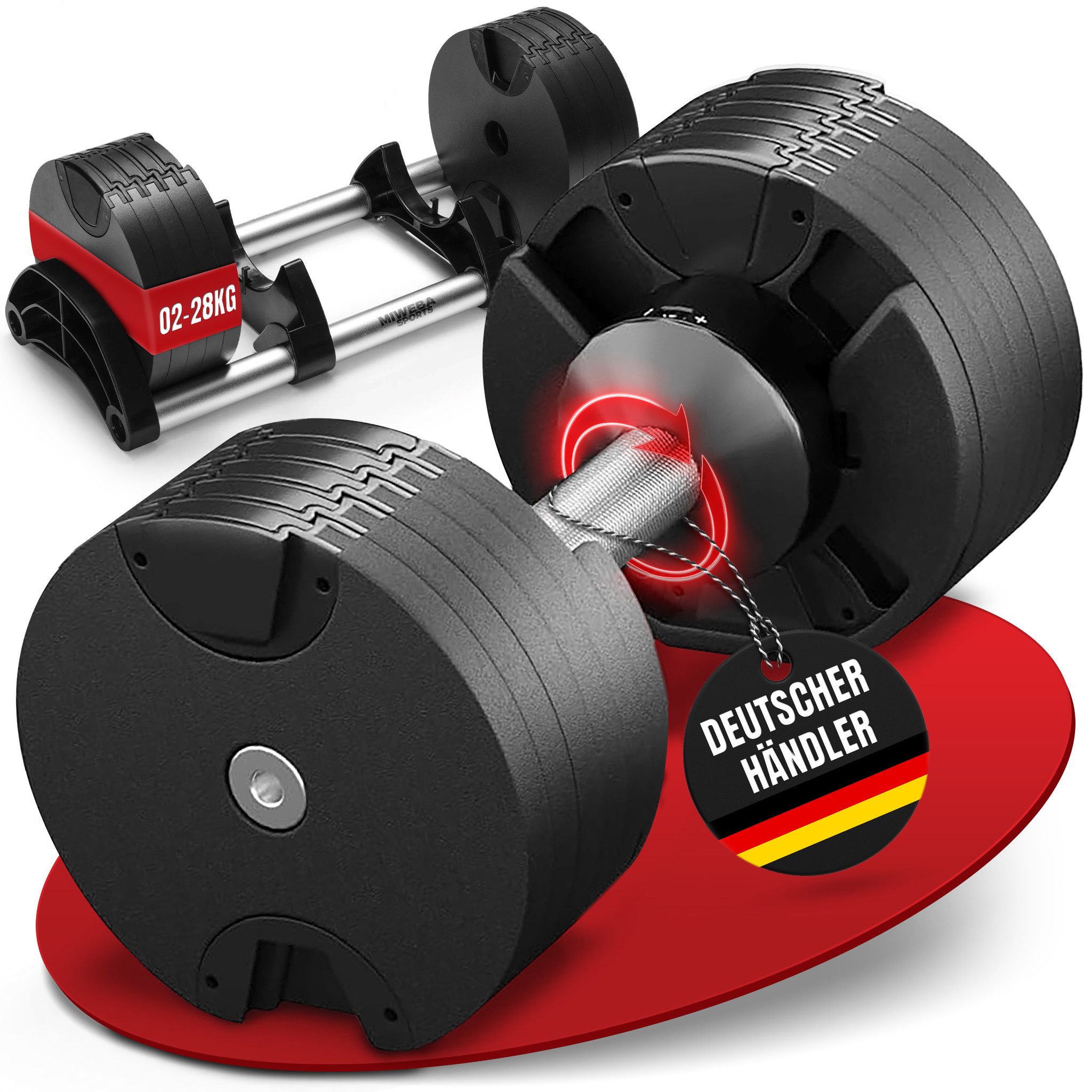 Miweba Sports Kurzhantel Fitness Stahl Hantel Set VH200 inkl. Gestell, (schneller Gewichtswechsel - rutschfest - platzsparend - Krafttraining - Muskelaufbau - Sport - Workout - Training, Hantelstange mit kreuzgerändeltem Profil, cleveres Verschlusssystem), 9-in-1 verstellbare Fitness Hantel - einstellbare Gewichte bis 28 kg