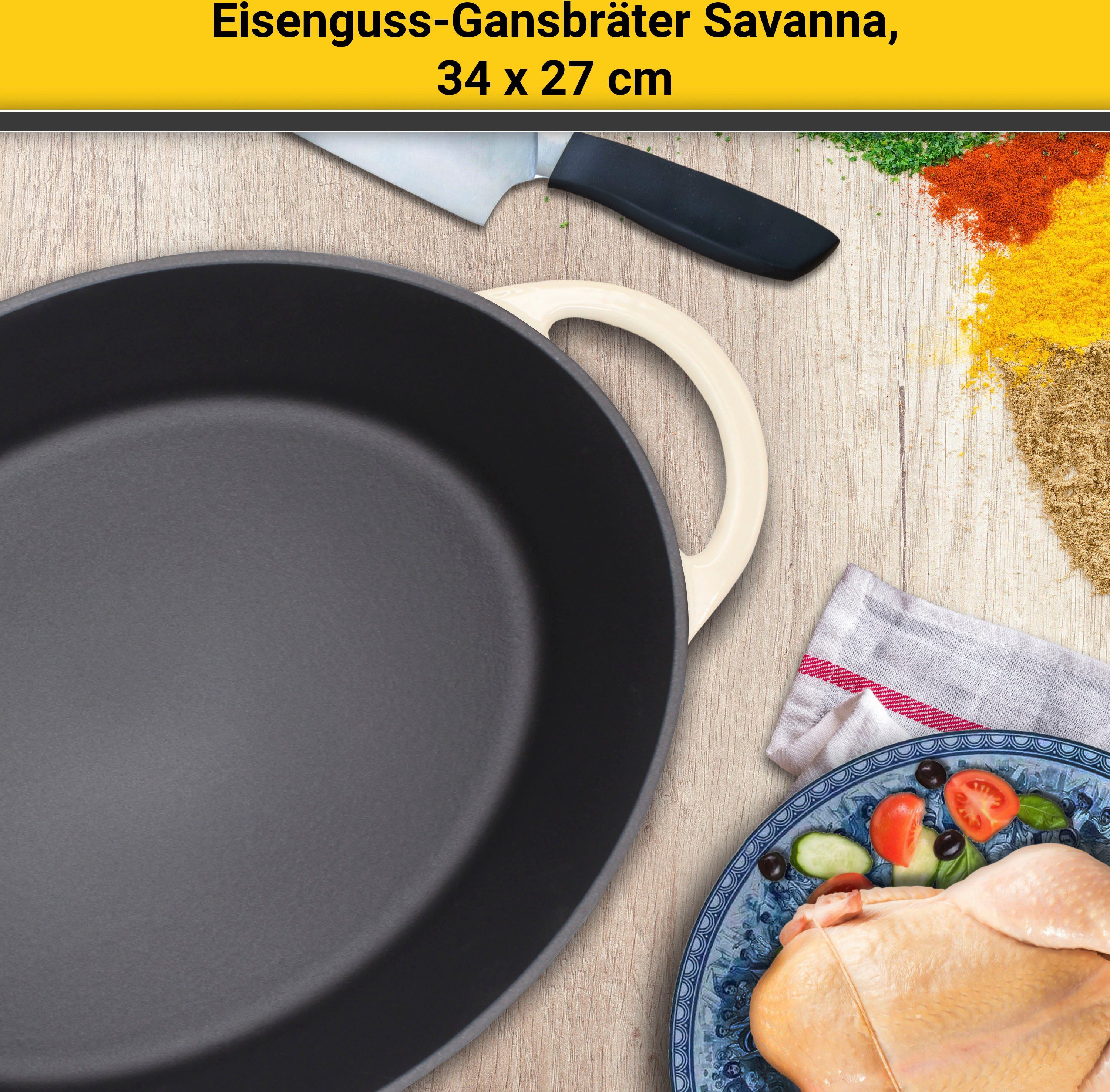 Krüger Bräter Eisenguss Gansbräter mit Deckel SAVANNA, 34 x 27 x 12,5 cm, Gusseisen (1-tlg), für Induktions-Kochfelder geeignet