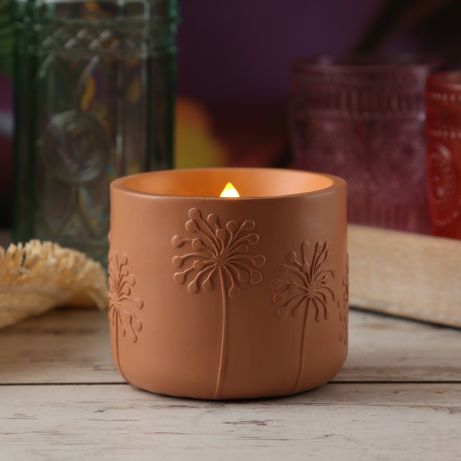 MARELIDA LED-Kerze LED Solar Windlicht Pusteblume Blumenmuster flackernd terracotta, LED Classic, amber