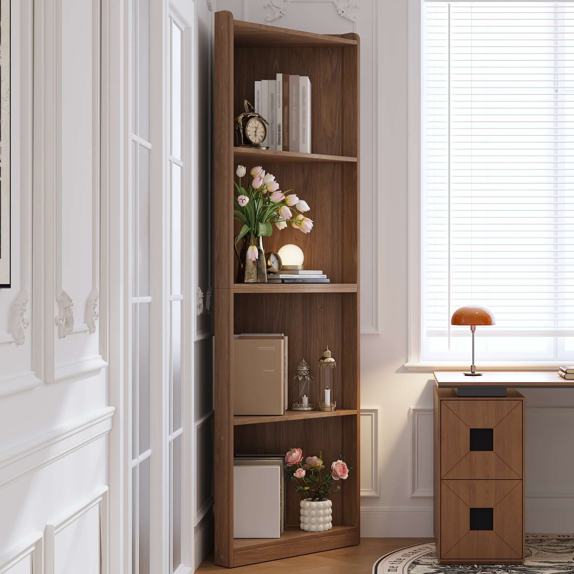 ANYSUN Eckregal Vitrine Bücherregal hohes Standregal Walnussoptik Kippschutz, Standregal Einzelstück, mit Kippschutz für stilvolle Ordnung in Wohn- und Arbeitsbereichen