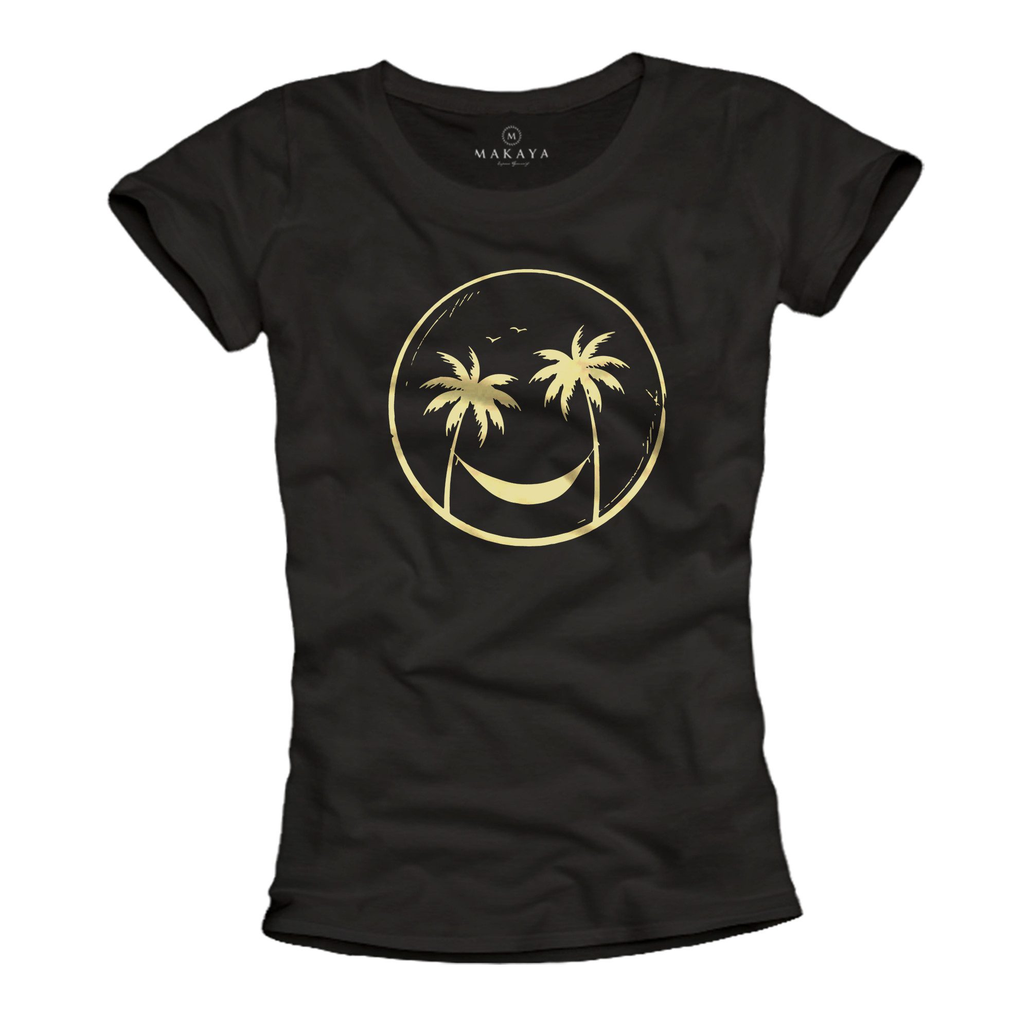 MAKAYA T-Shirt Schwarzes Damen Top – Palmen & Smile Motiv für den Urlaub (Schwarz, S, M, L, XL) Baumwolle