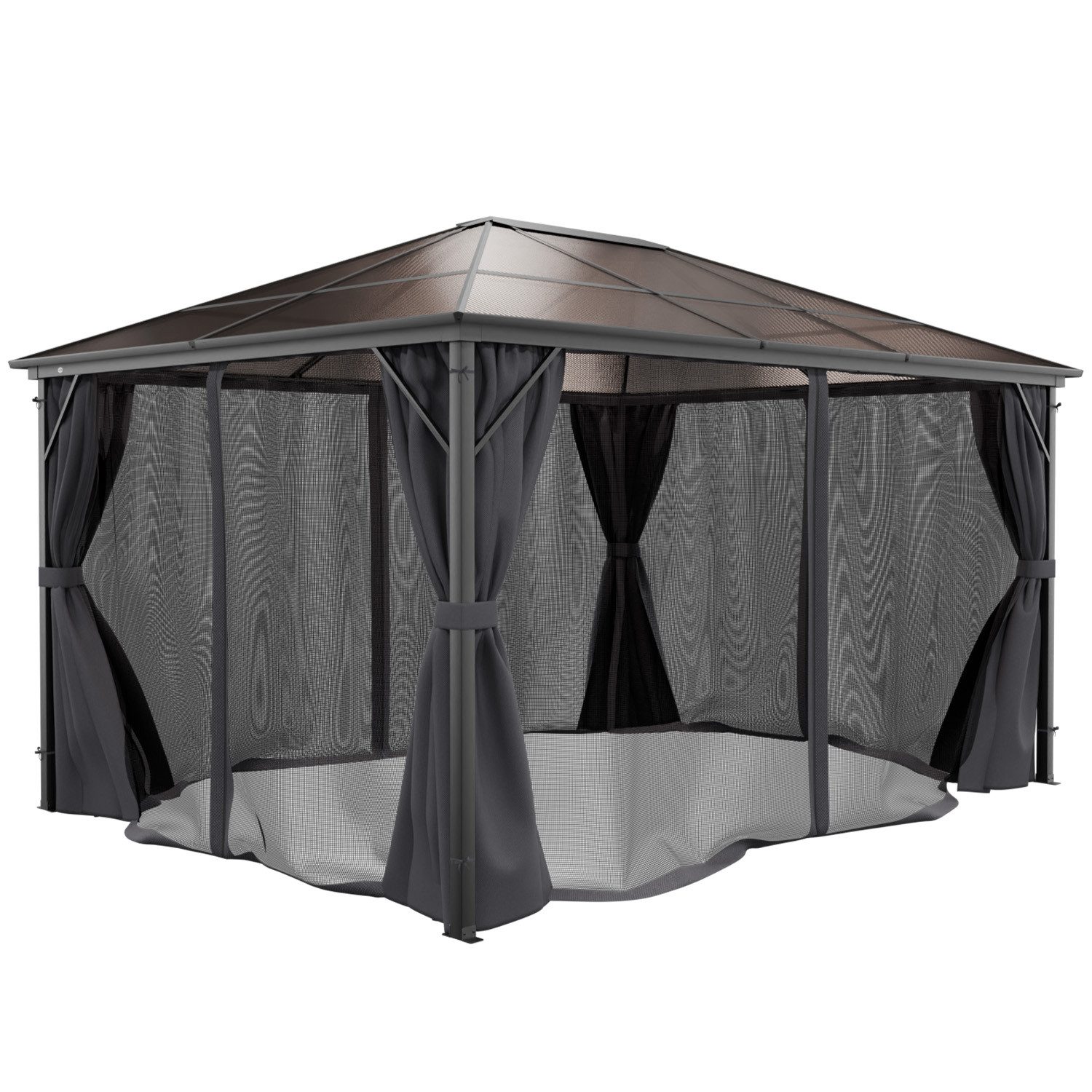 GARMIO Pavillon Pavillon mit Überdachung, Metallgestell Rom mit 4 Säulen, (solide, fest, mit Vorhang, mit Mückennetz, 2,7m Höhe, Zubehör zur Montage, 3x4m, Pavillon schwarz), wasserdicht, UV-Schutz, mit Polycarbonat Platten