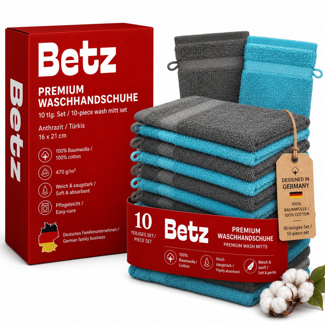 Waschhandschuh 10 Stück Premium 16x21 cm Farbe anthrazit und türkis